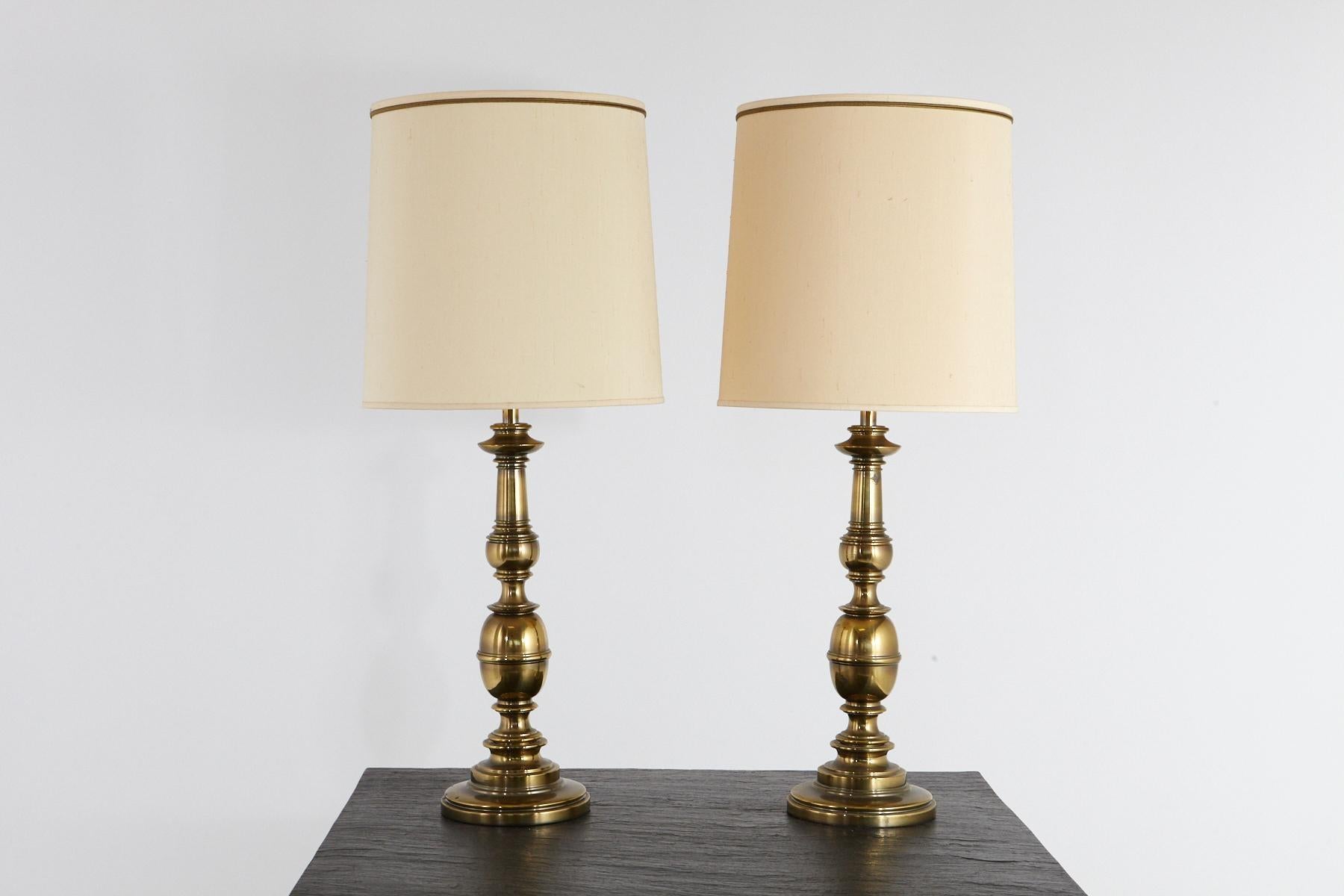 Mid-Century Modern Pair of Traditional Stiffel Brass Table Lamps with Original Shades, 1950s-1960s