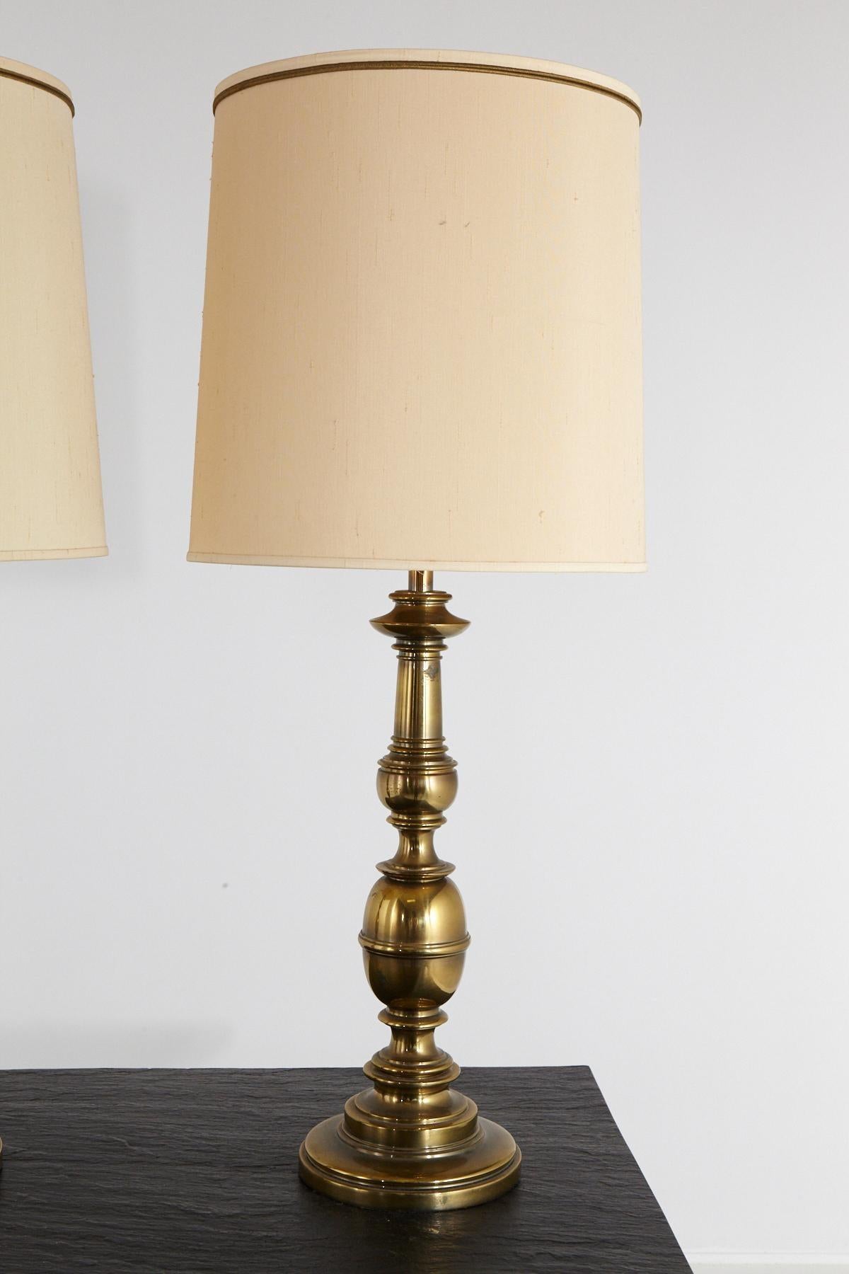 American Pair of Traditional Stiffel Brass Table Lamps with Original Shades, 1950s-1960s