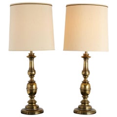 Pair of Traditional Stiffel Brass Table Lamps with Original Shades, 1950s-1960s