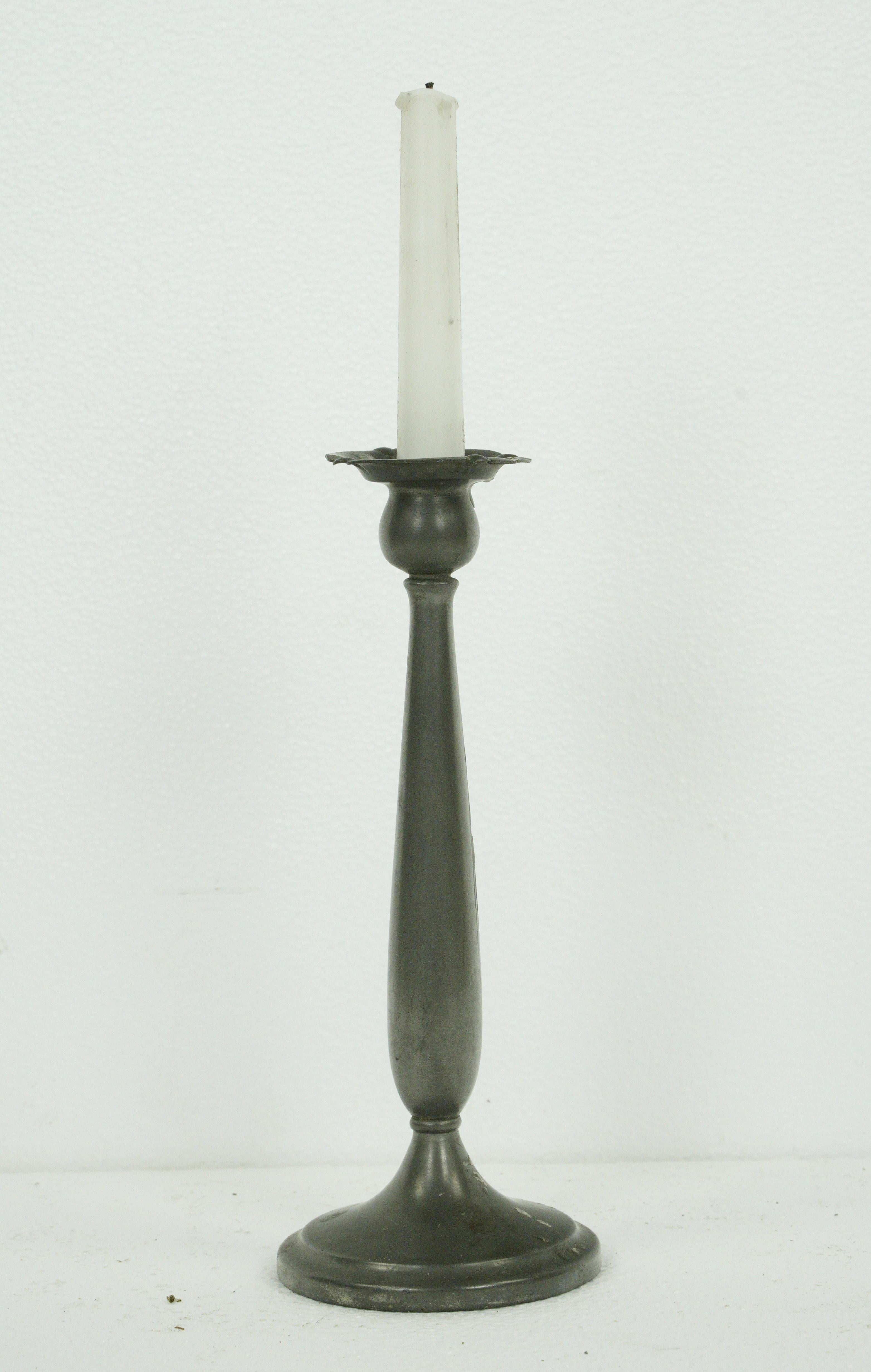 Pair of Traditional Tall Pewter Candle Holders In Good Condition For Sale In New York, NY