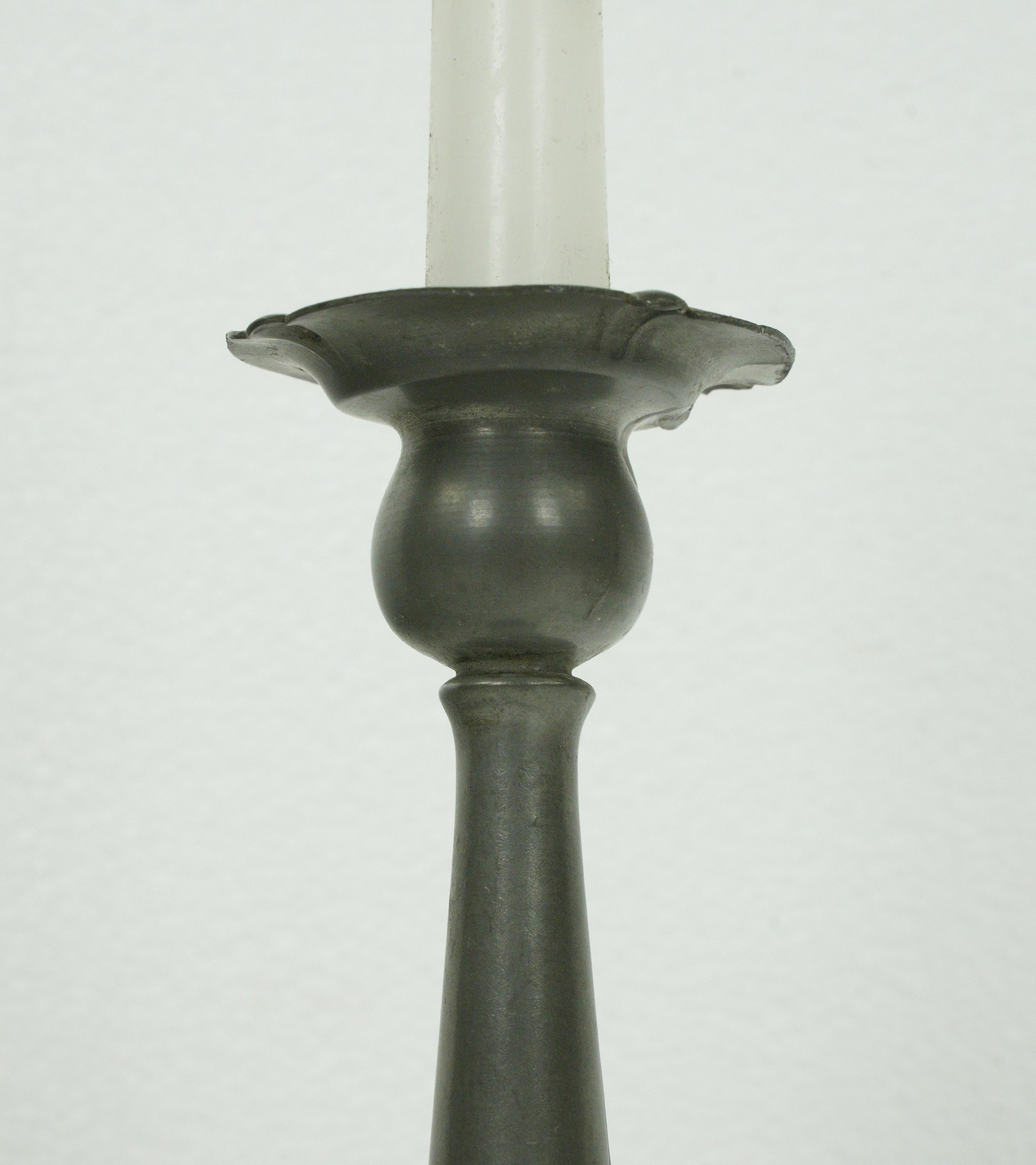 Metal Pair of Traditional Tall Pewter Candle Holders For Sale
