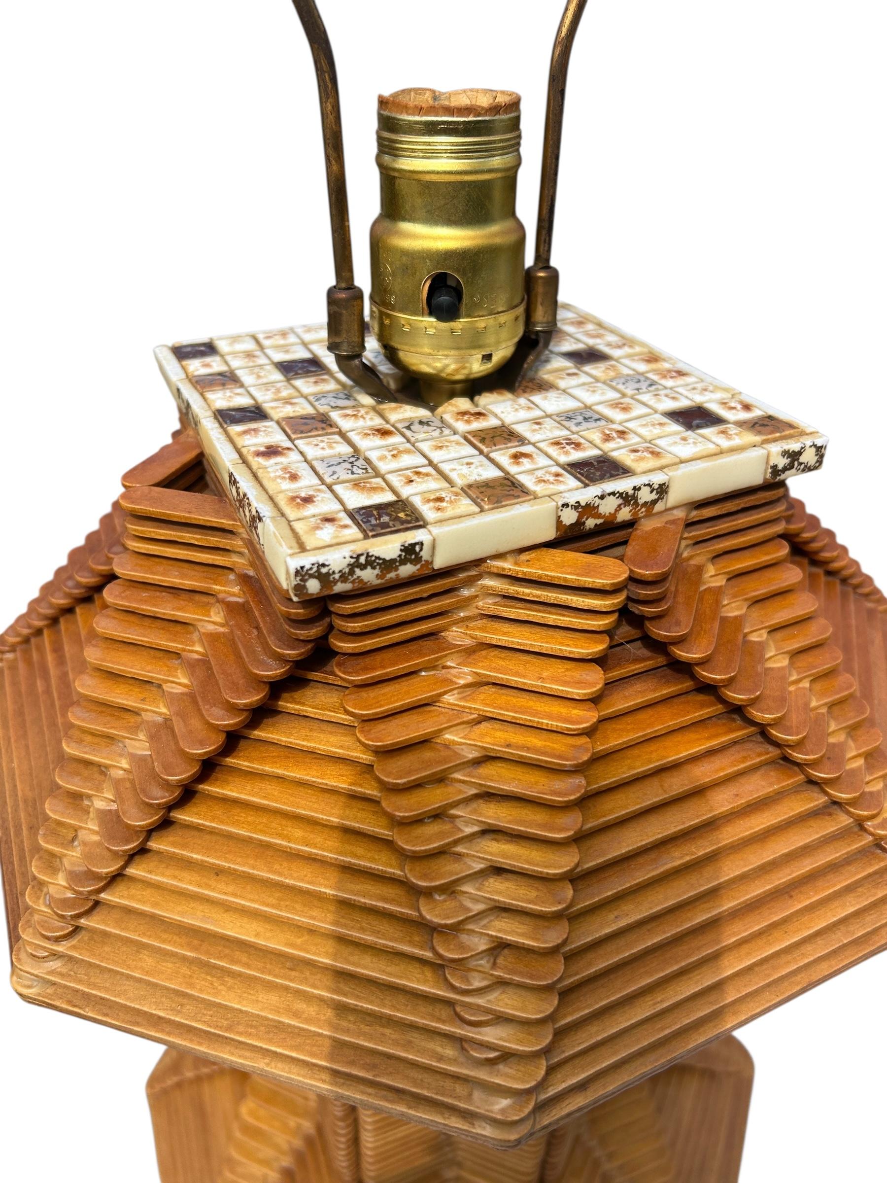 Mid-20th Century Pair of Tramp Art Popsicle Stick Lamps For Sale