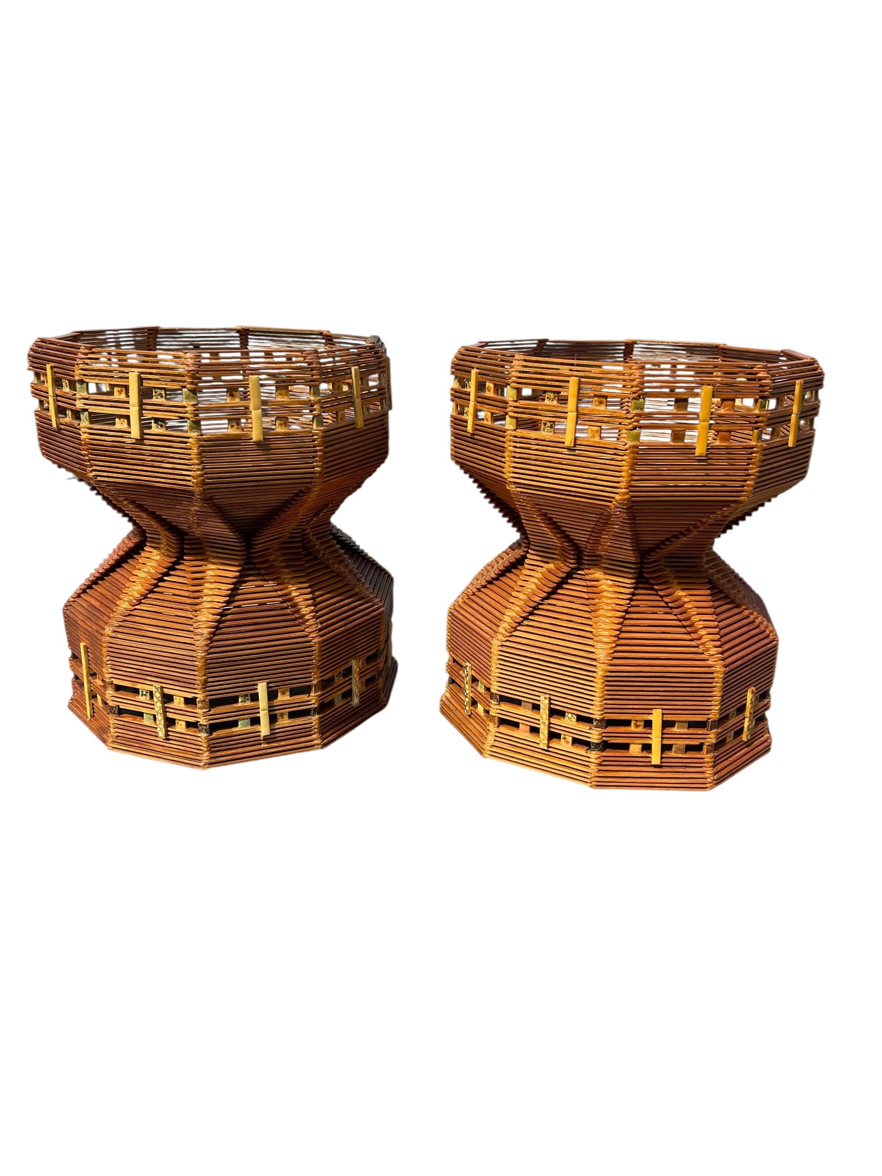 Wood Pair of Tramp Art Popsicle Stick Lamps For Sale