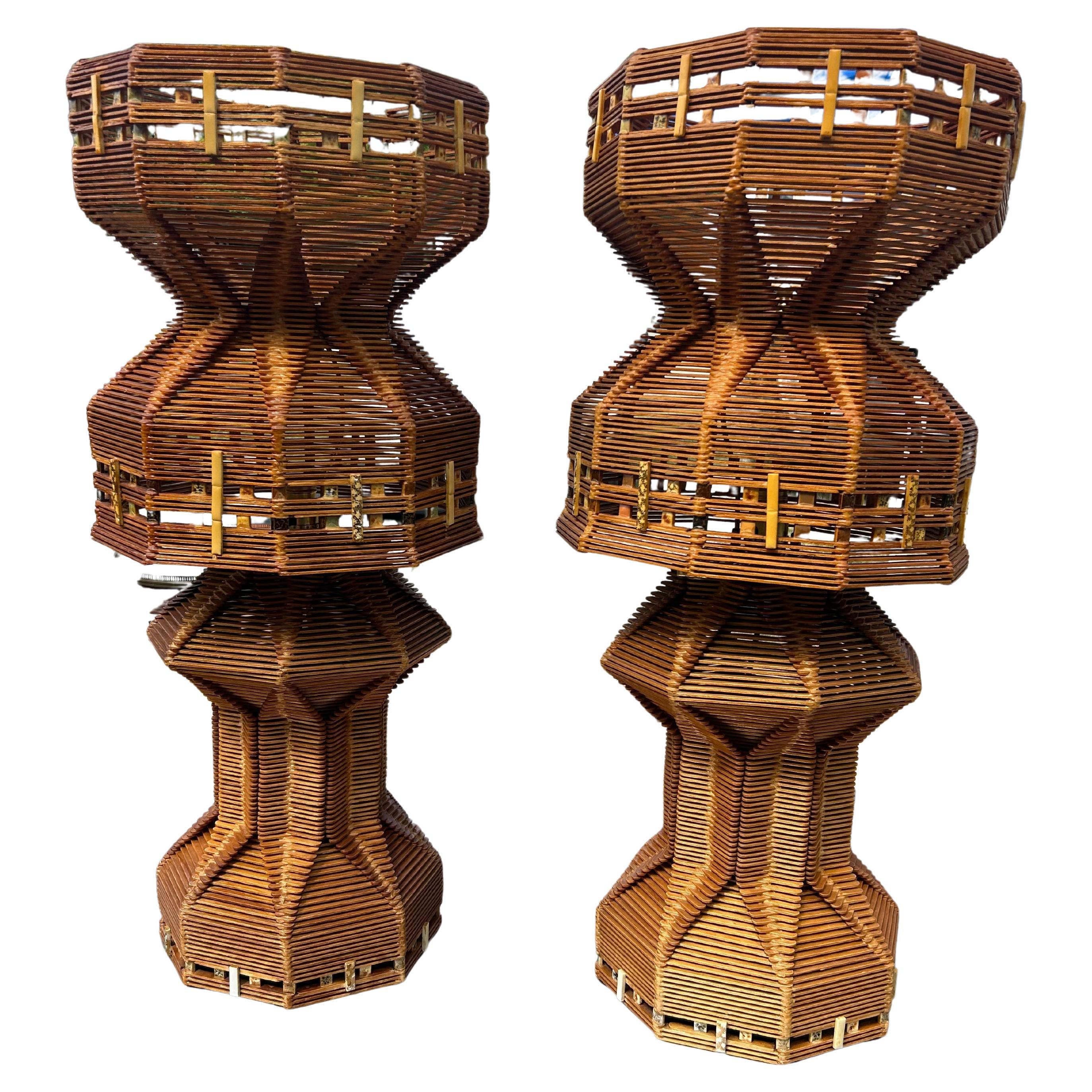 Pair of Tramp Art Popsicle Stick Lamps For Sale