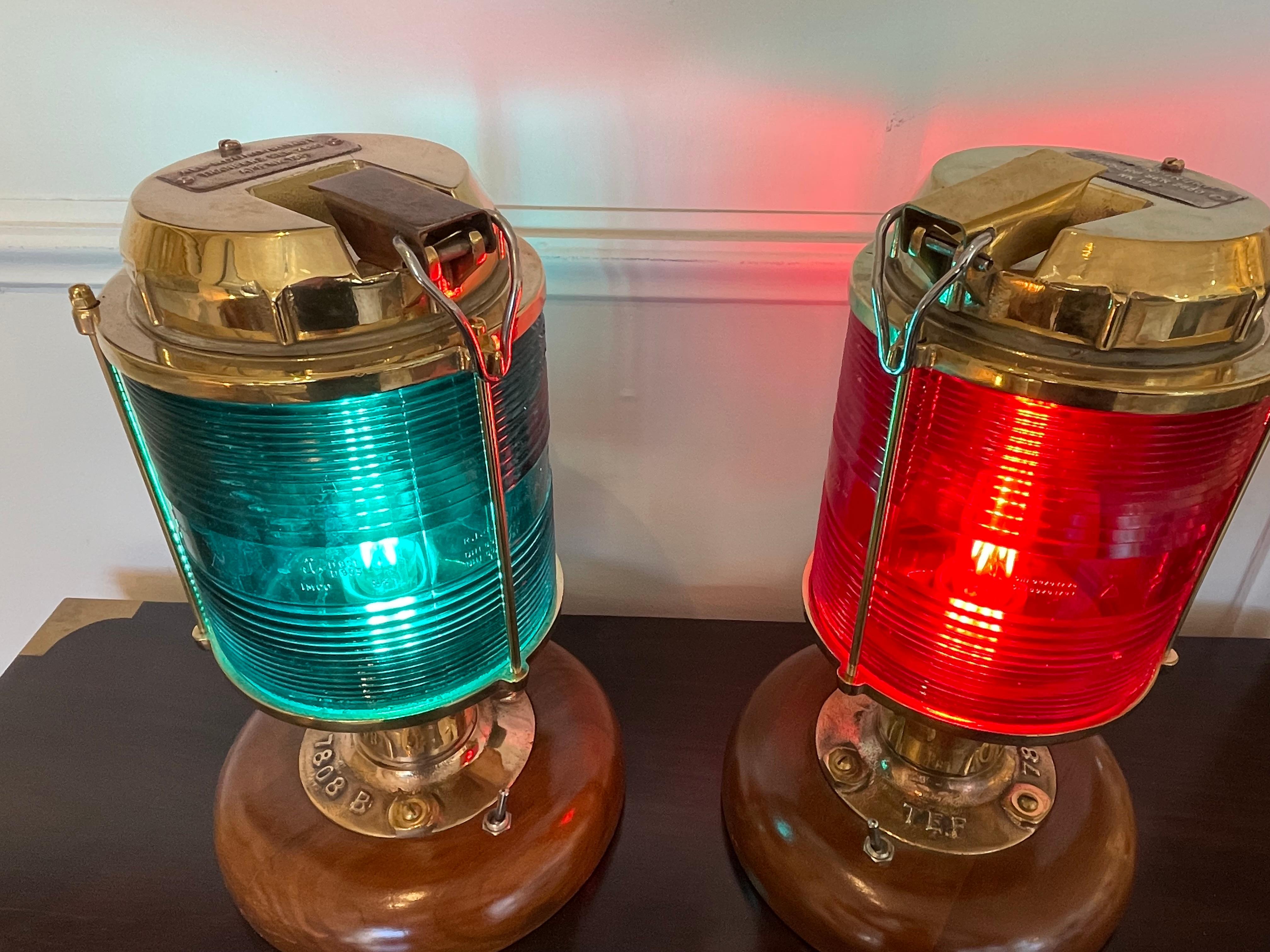 Pair of Tranberg Brass Port and Starboard Navigational Nautical Post Lights In Good Condition In Nantucket, MA