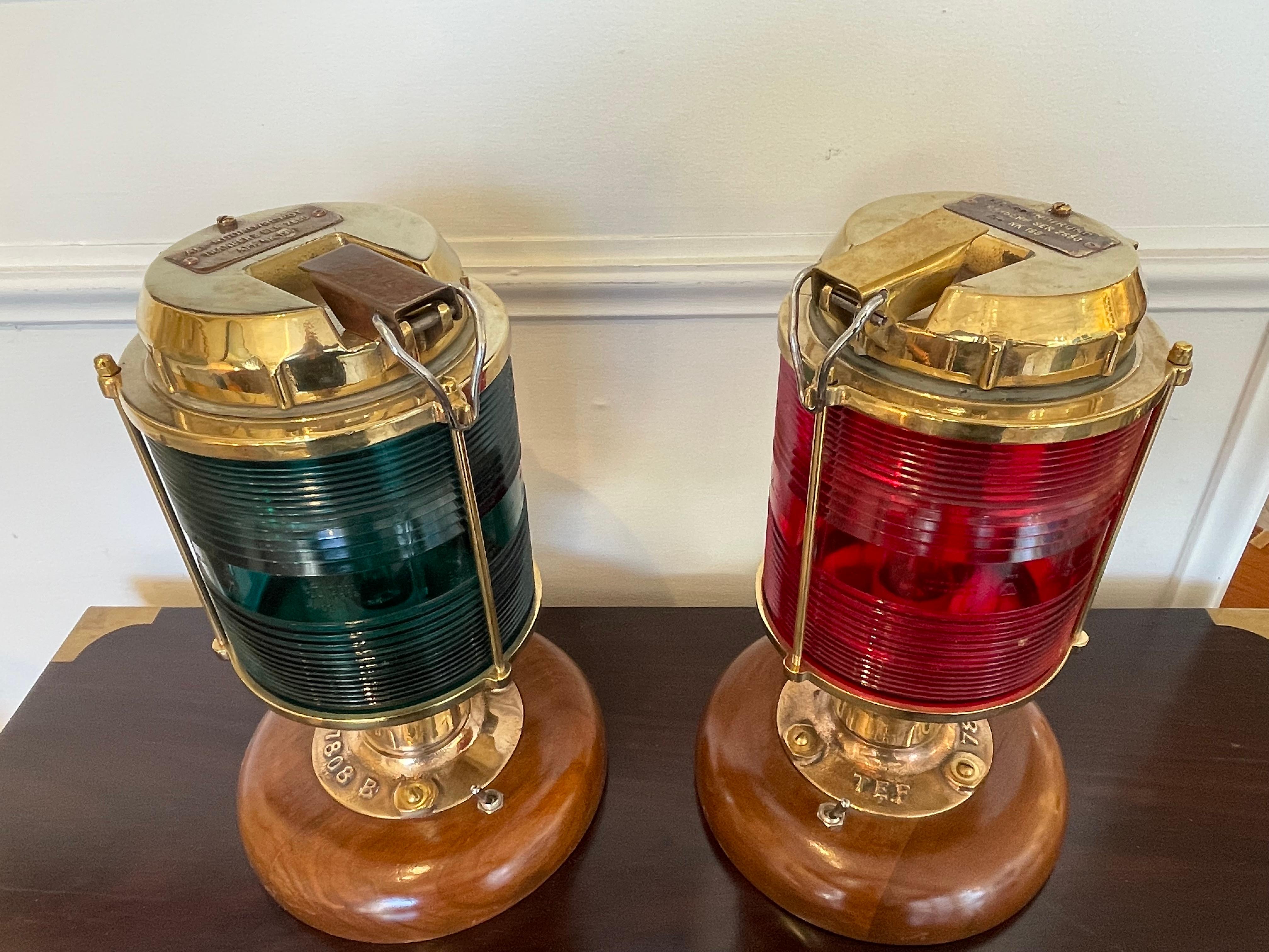 20th Century Pair of Tranberg Brass Port and Starboard Navigational Nautical Post Lights