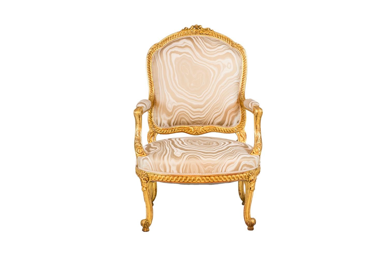 Louis XV Pair of Transition Style Armchairs in Giltwood, circa 1880