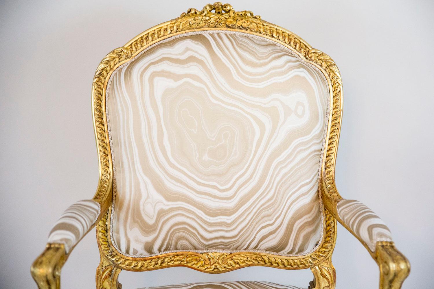 19th Century Pair of Transition Style Armchairs in Giltwood, circa 1880