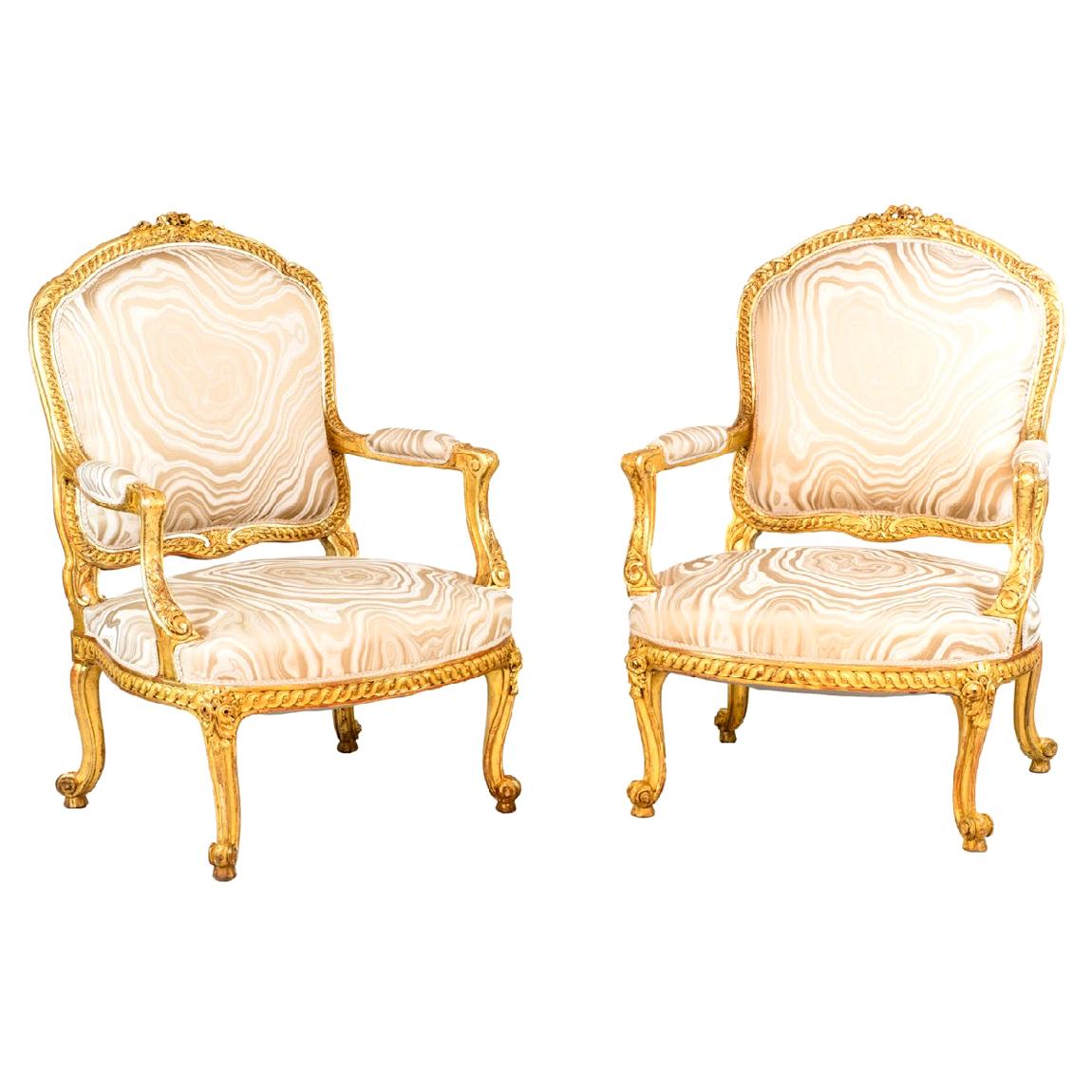 Pair of Transition Style Armchairs in Giltwood, circa 1880