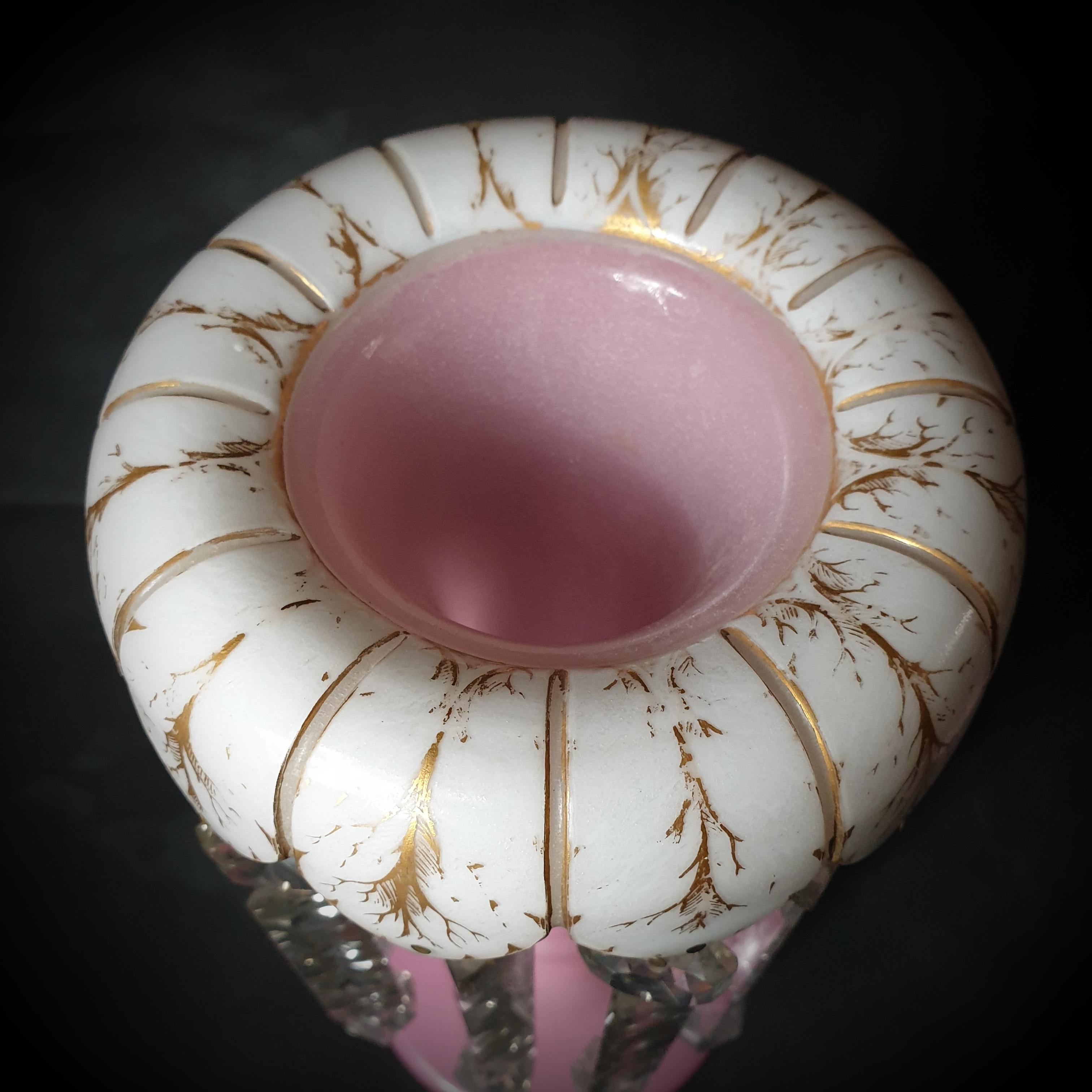 These exquisite French opaline glass lusters date to the 19th century and are now available for your house. Elegant goblet-shaped lusters, hand-made in France between 1850 and 1900 and gilded in pink and white color glass, are eye-catching. These