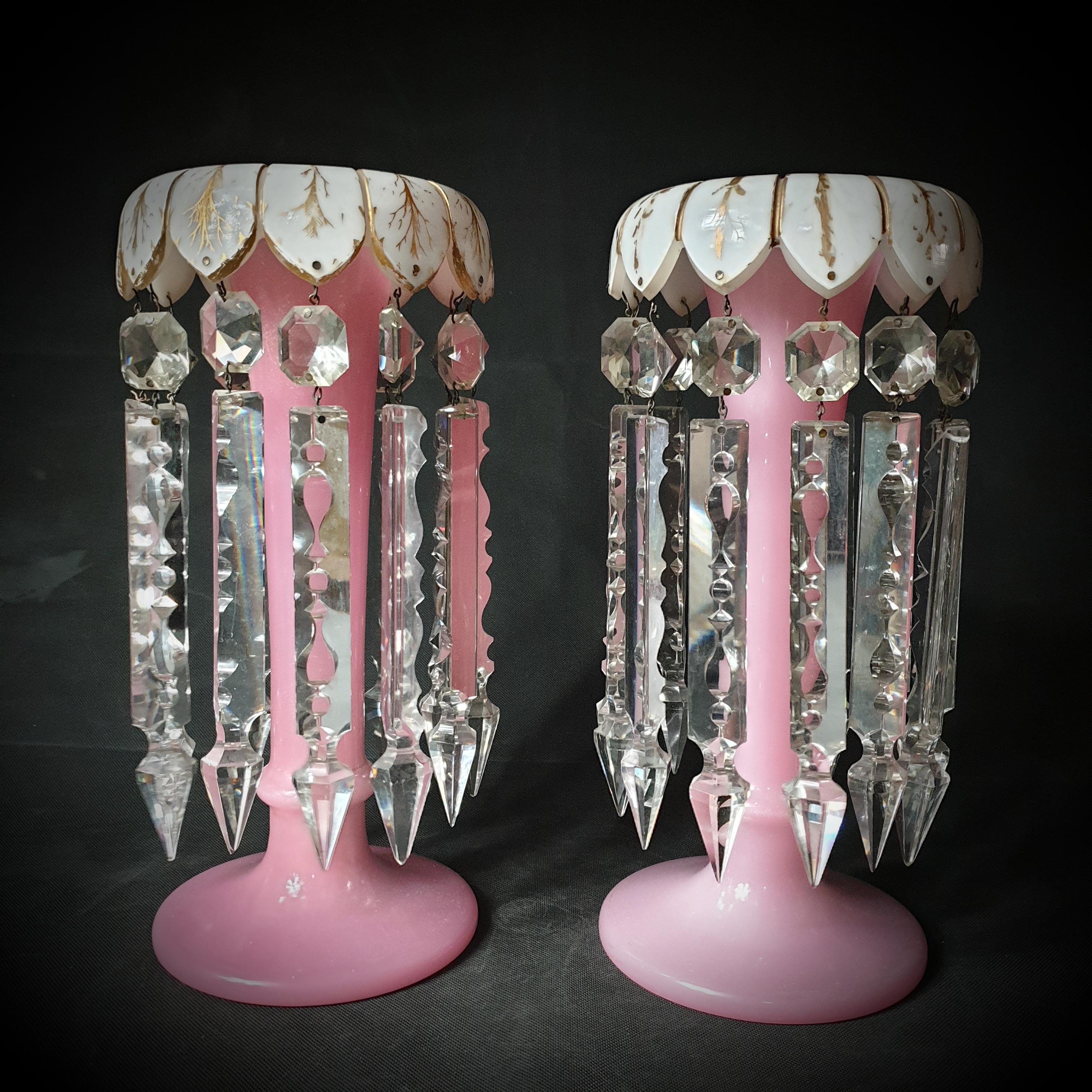 Late Victorian Pair of Translucent Pink and White Opaline Glass Lusters, Late 19th C For Sale