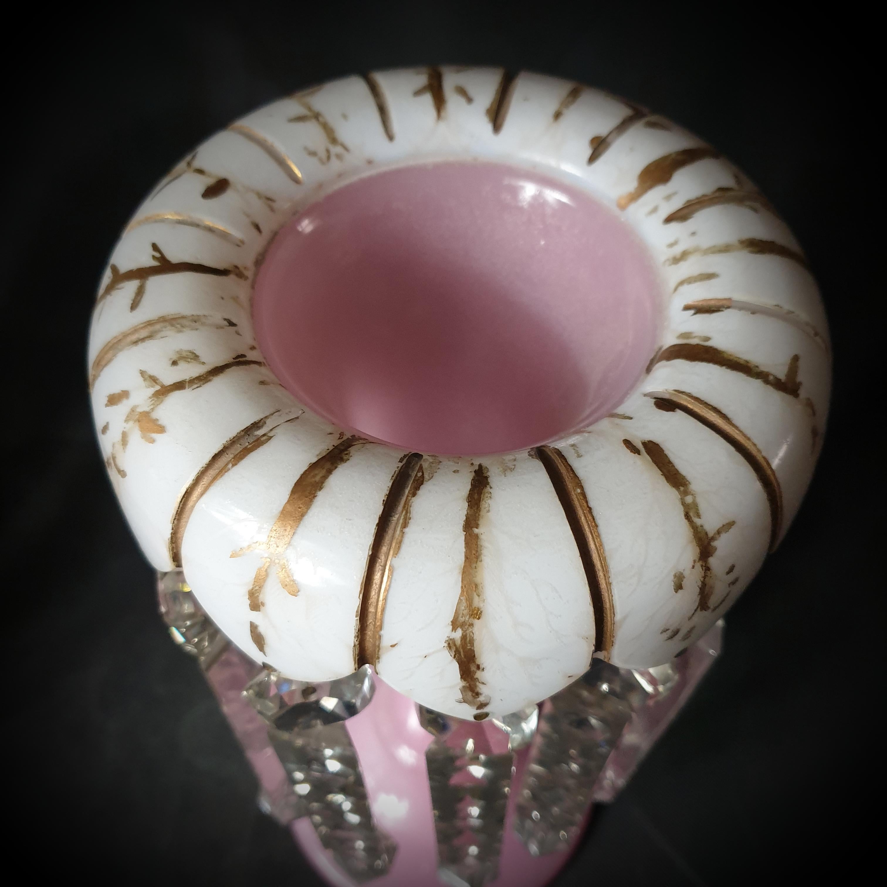 Cast Pair of Translucent Pink and White Opaline Glass Lusters, Late 19th C For Sale