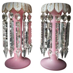 Antique Pair of Translucent Pink and White Opaline Glass Lusters, Late 19th C