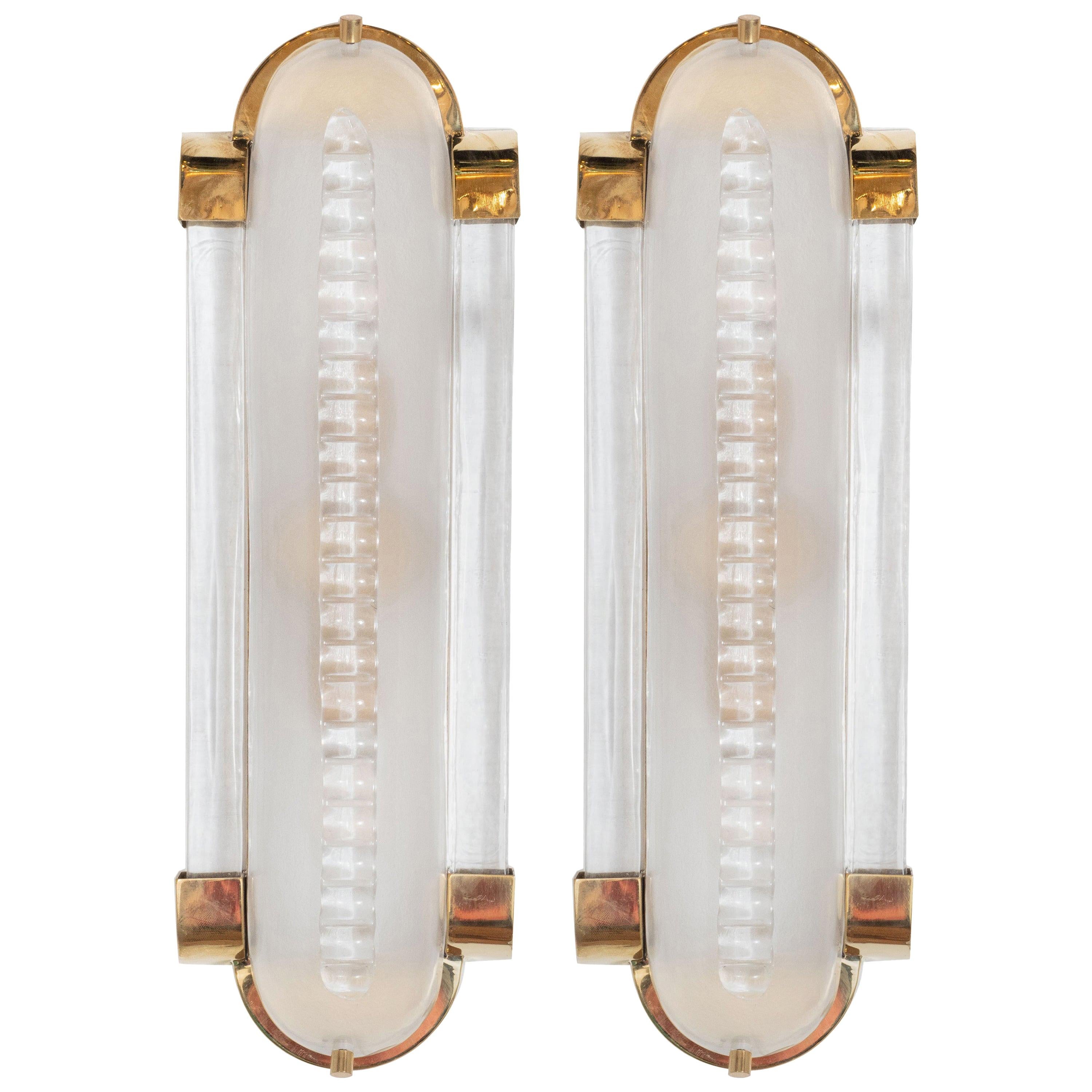 Pair of Translucent White Murano Glass and Brass Sconces, Italy