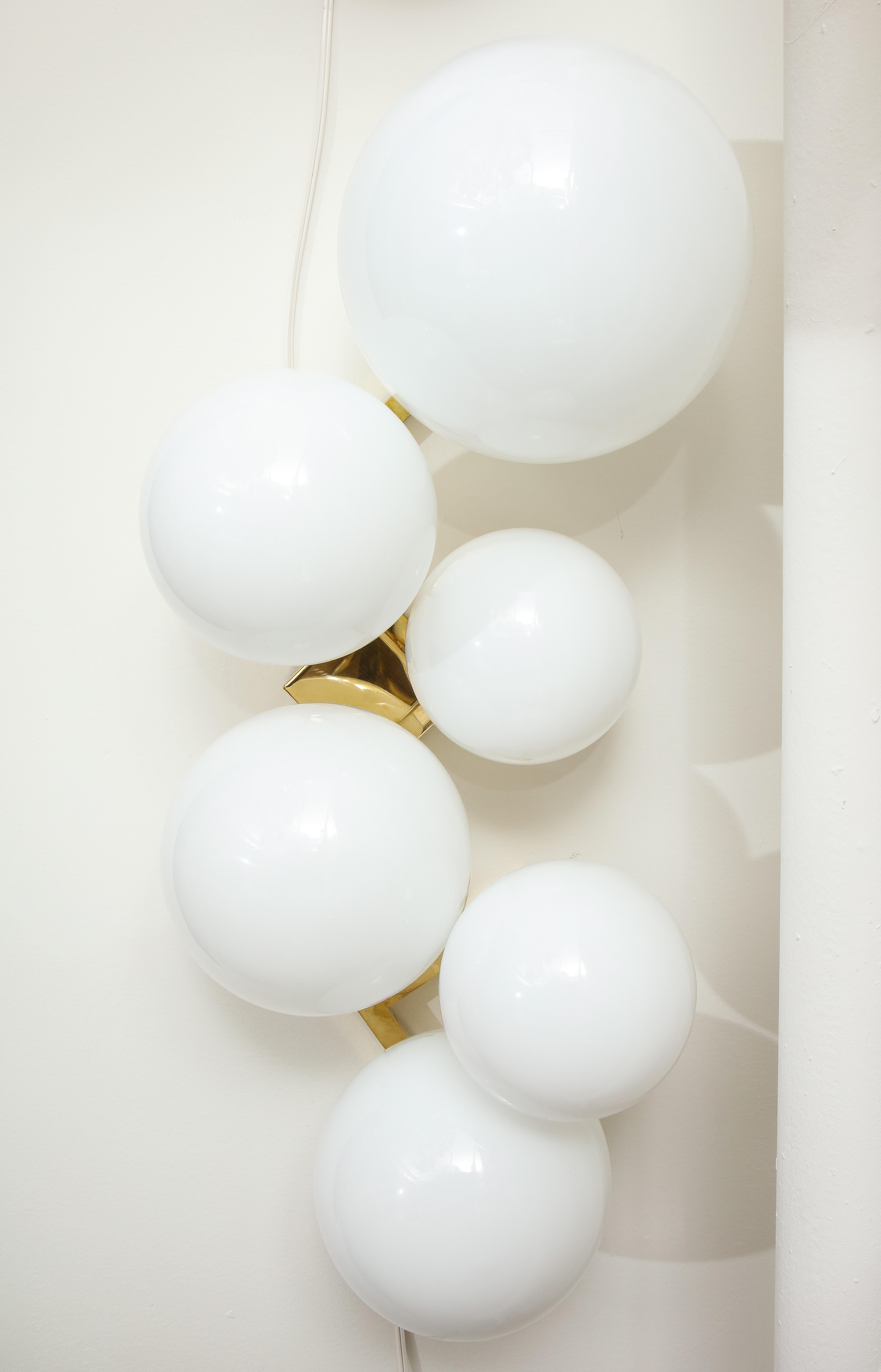 Pair of Translucent White Murano Glass Globes and Brass Sconces, Italy, 2020 6