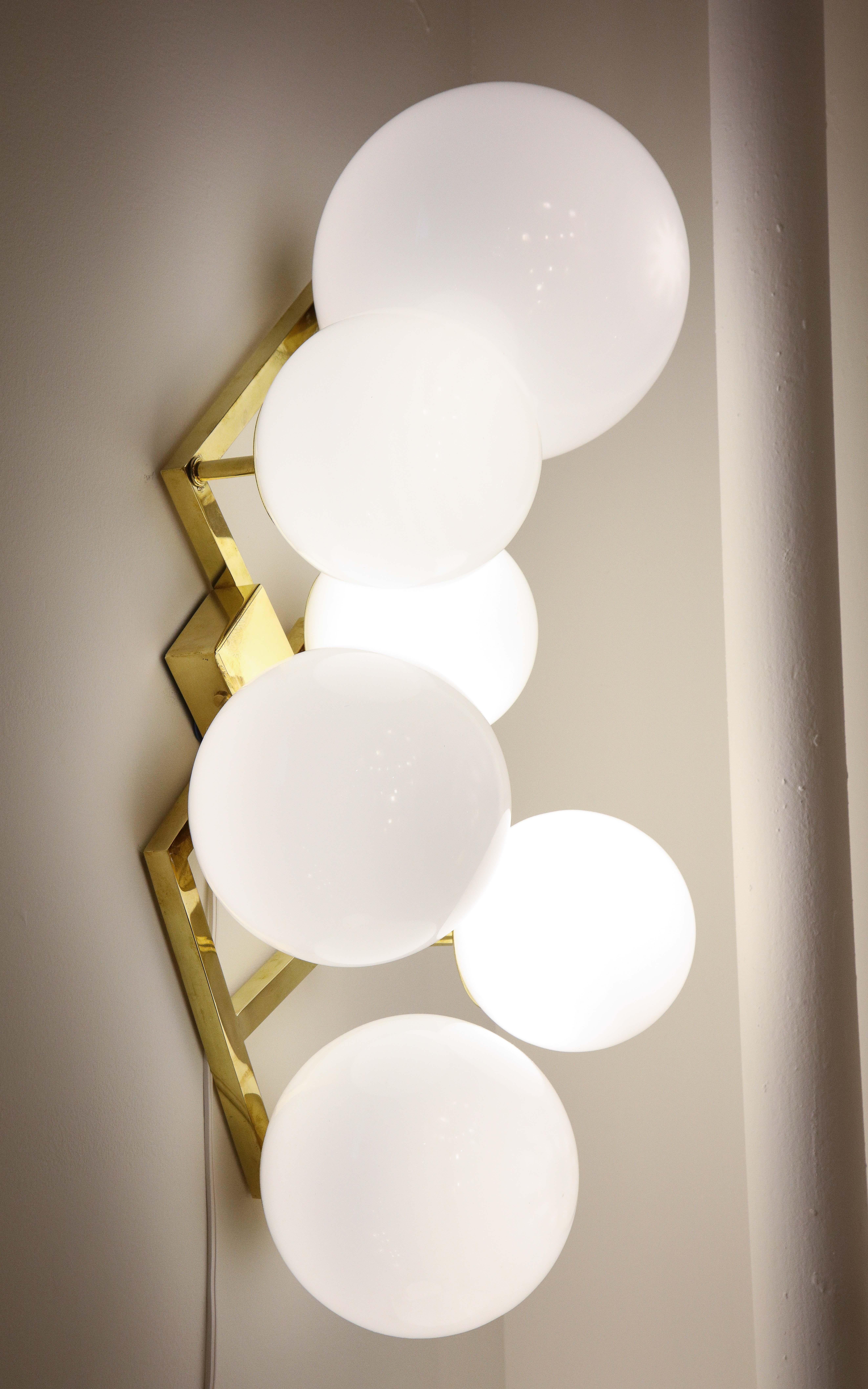 Pair of Translucent White Murano Glass Globes and Brass Sconces, Italy, 2020 8