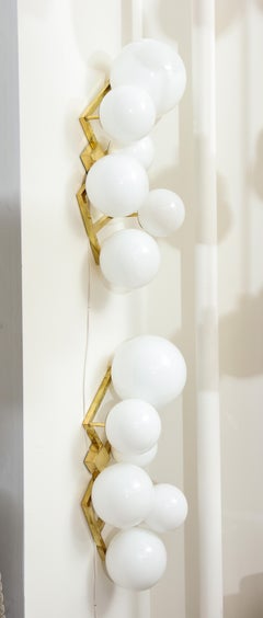 Pair of Translucent White Murano Glass Globes and Brass Sconces, Italy, 2020