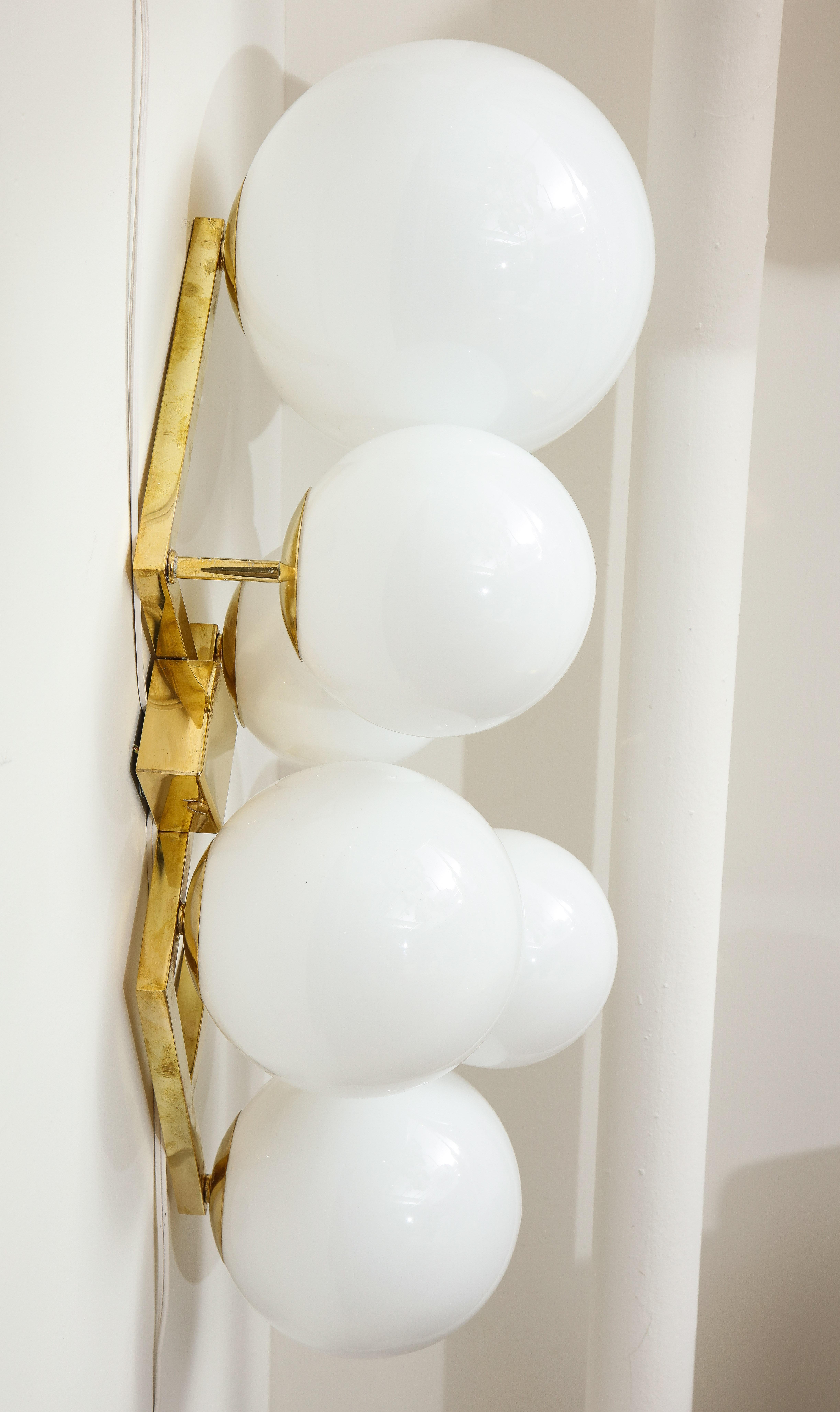 Pair of Translucent White Murano Glass Globes and Brass Sconces, Italy, 2020 3