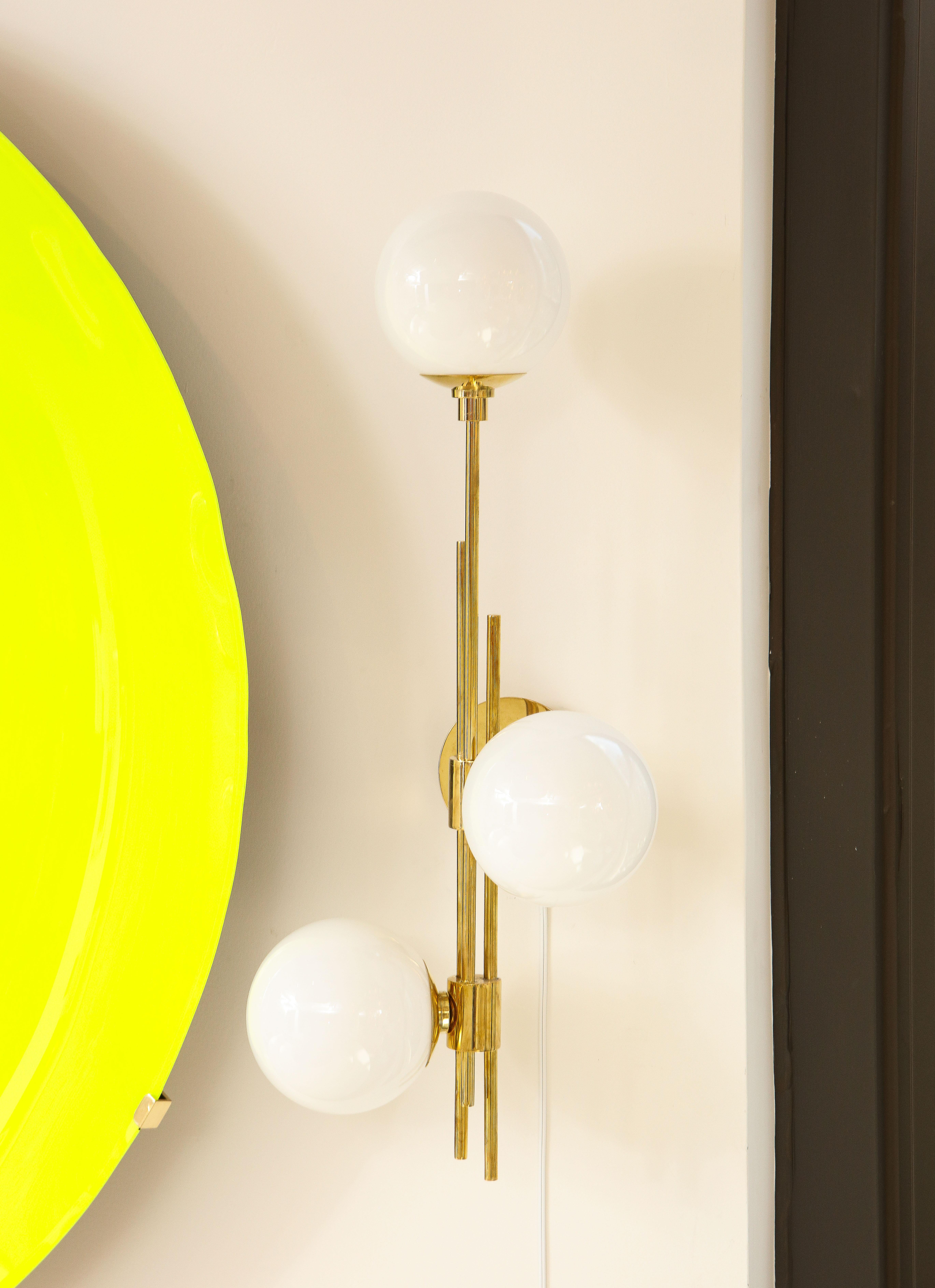 Tall Pair of Translucent White Murano Glass Globes and Brass Sconces, Italy 2022 For Sale 3