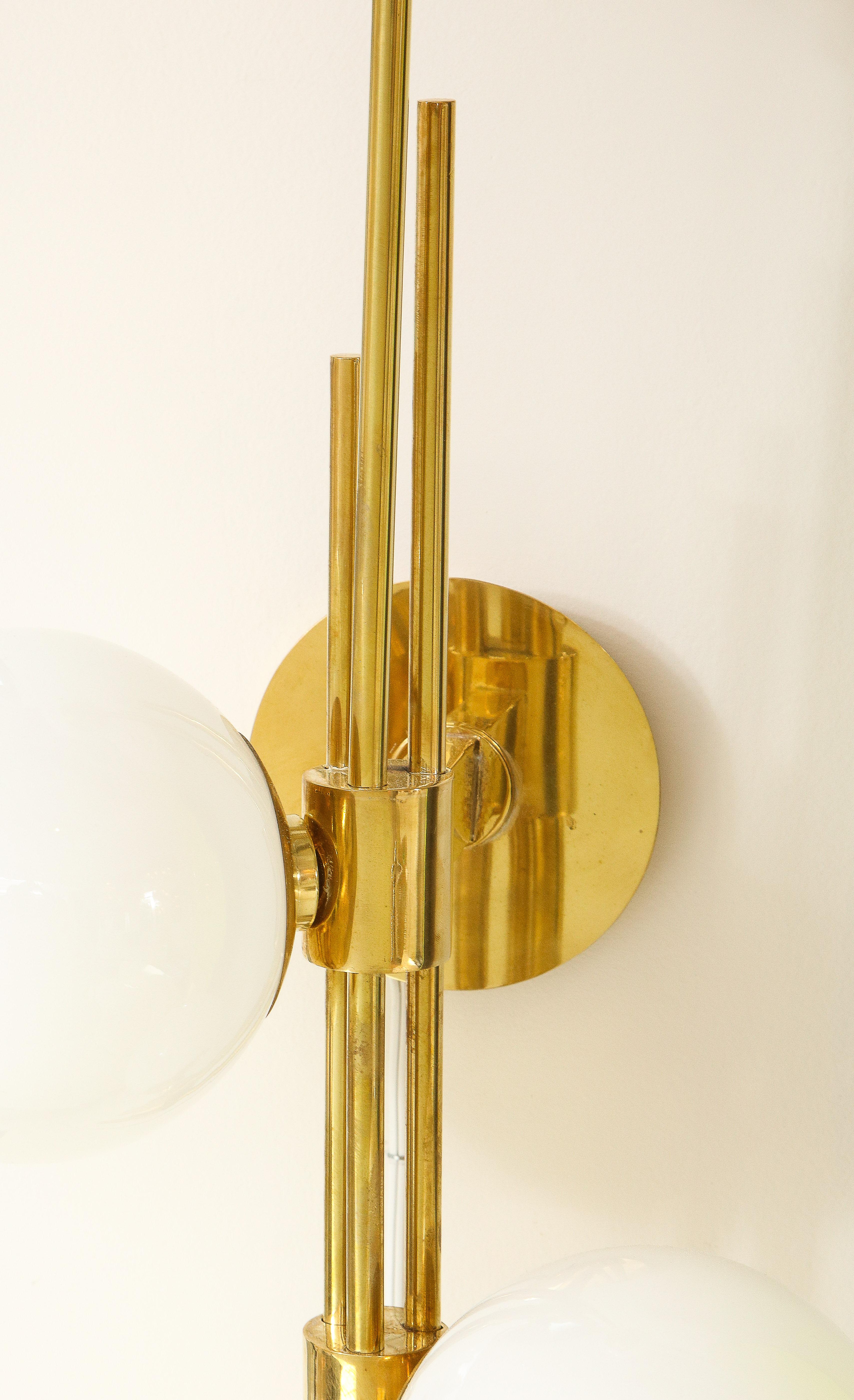 Tall Pair of Translucent White Murano Glass Globes and Brass Sconces, Italy 2022 For Sale 6