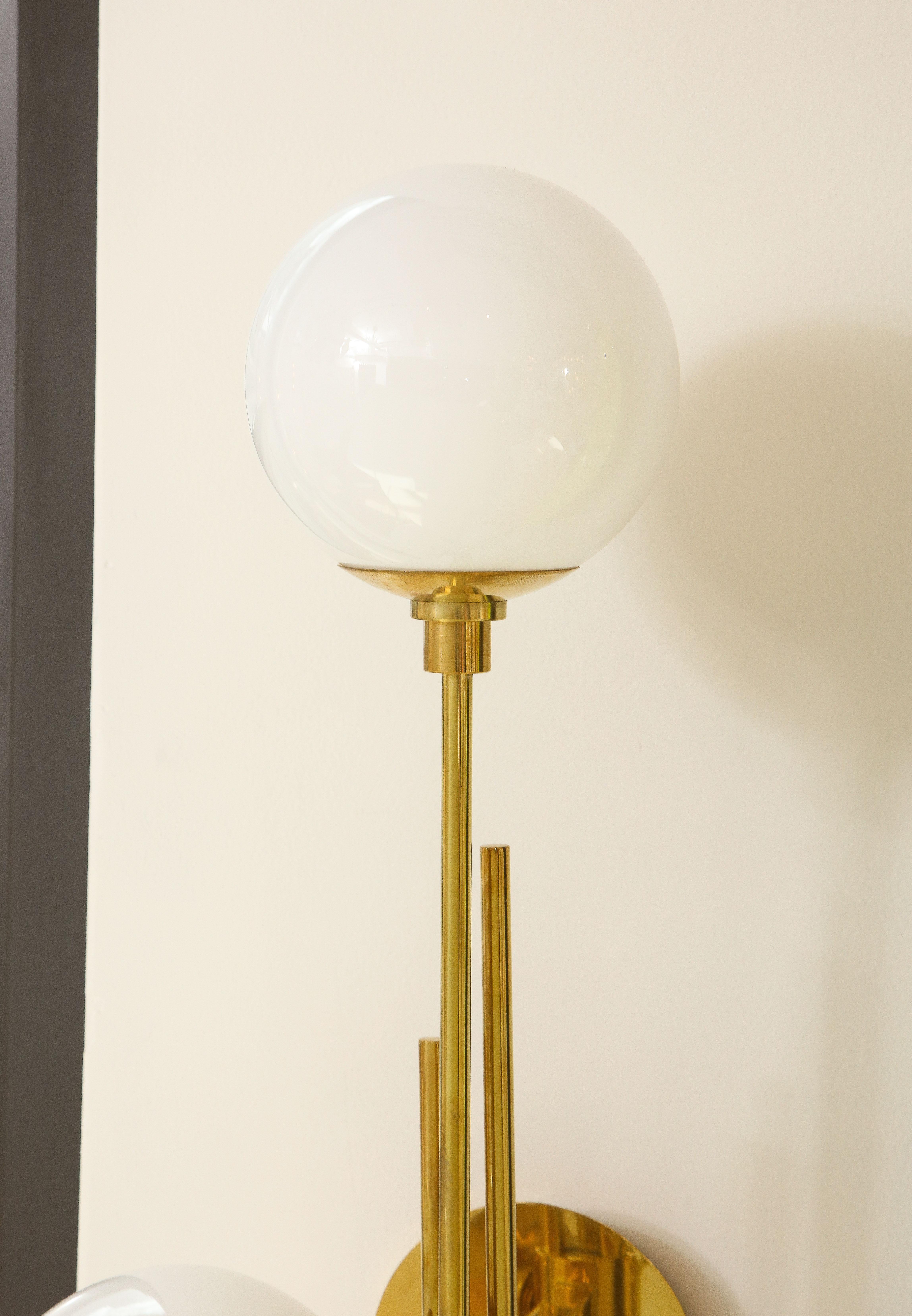 Tall Pair of Translucent White Murano Glass Globes and Brass Sconces, Italy 2022 For Sale 7