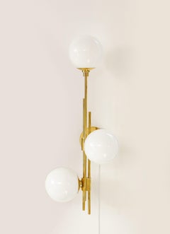 Tall Pair of Translucent White Murano Glass Globes and Brass Sconces, Italy