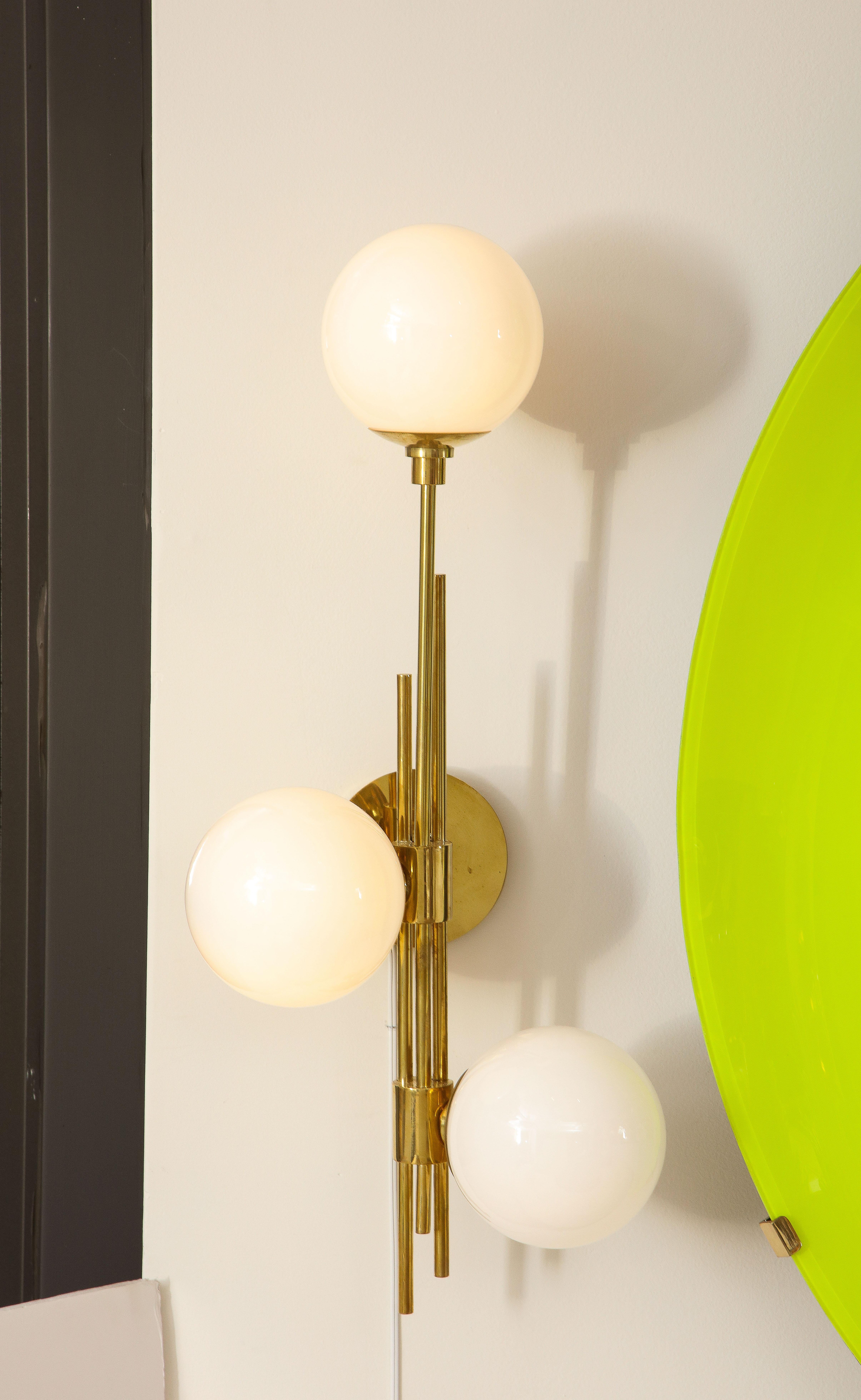 Mid-Century Modern Tall Pair of Translucent White Murano Glass Globes and Brass Sconces, Italy 2022 For Sale