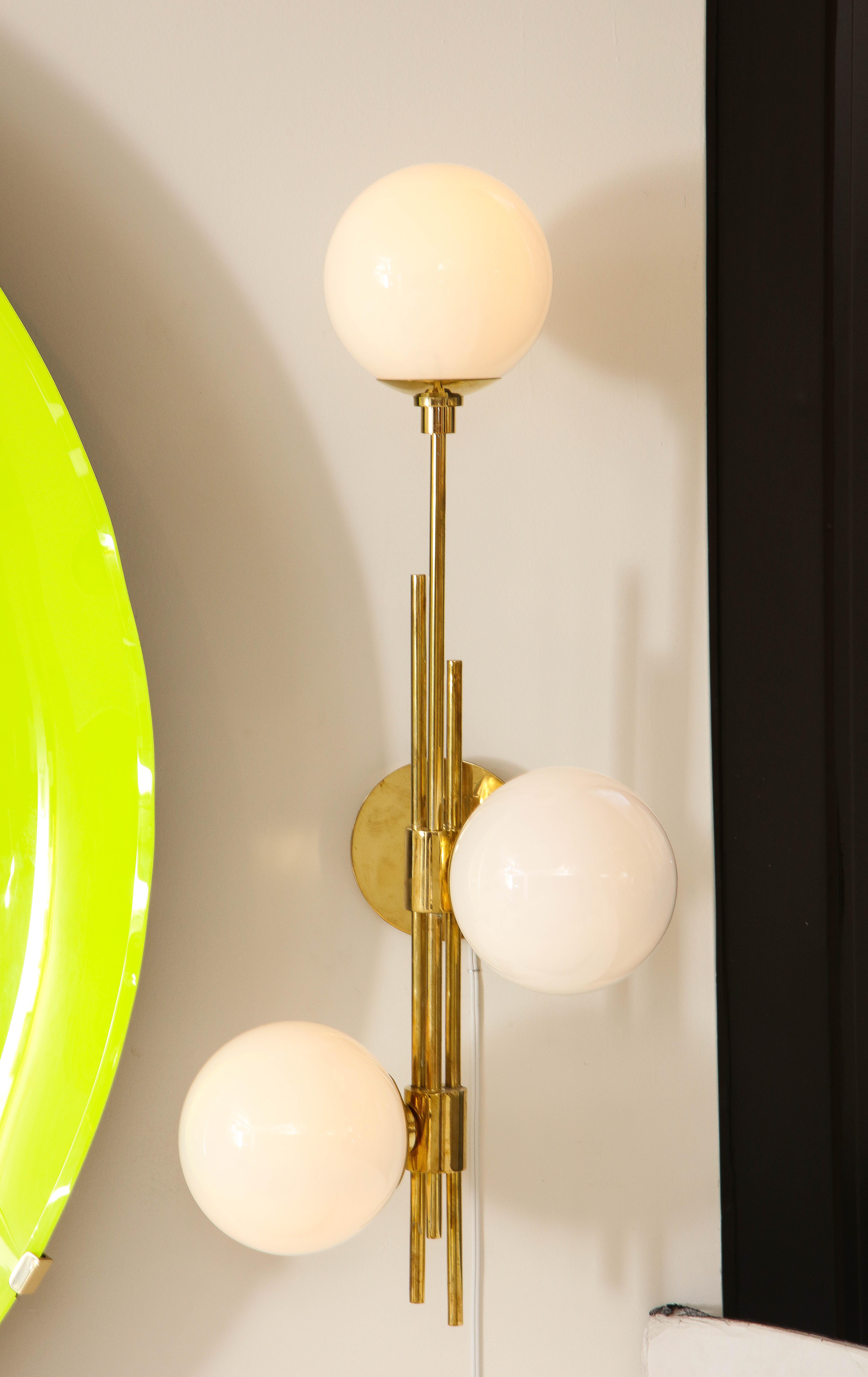Tall Pair of Translucent White Murano Glass Globes and Brass Sconces, Italy 2022 In New Condition For Sale In New York, NY
