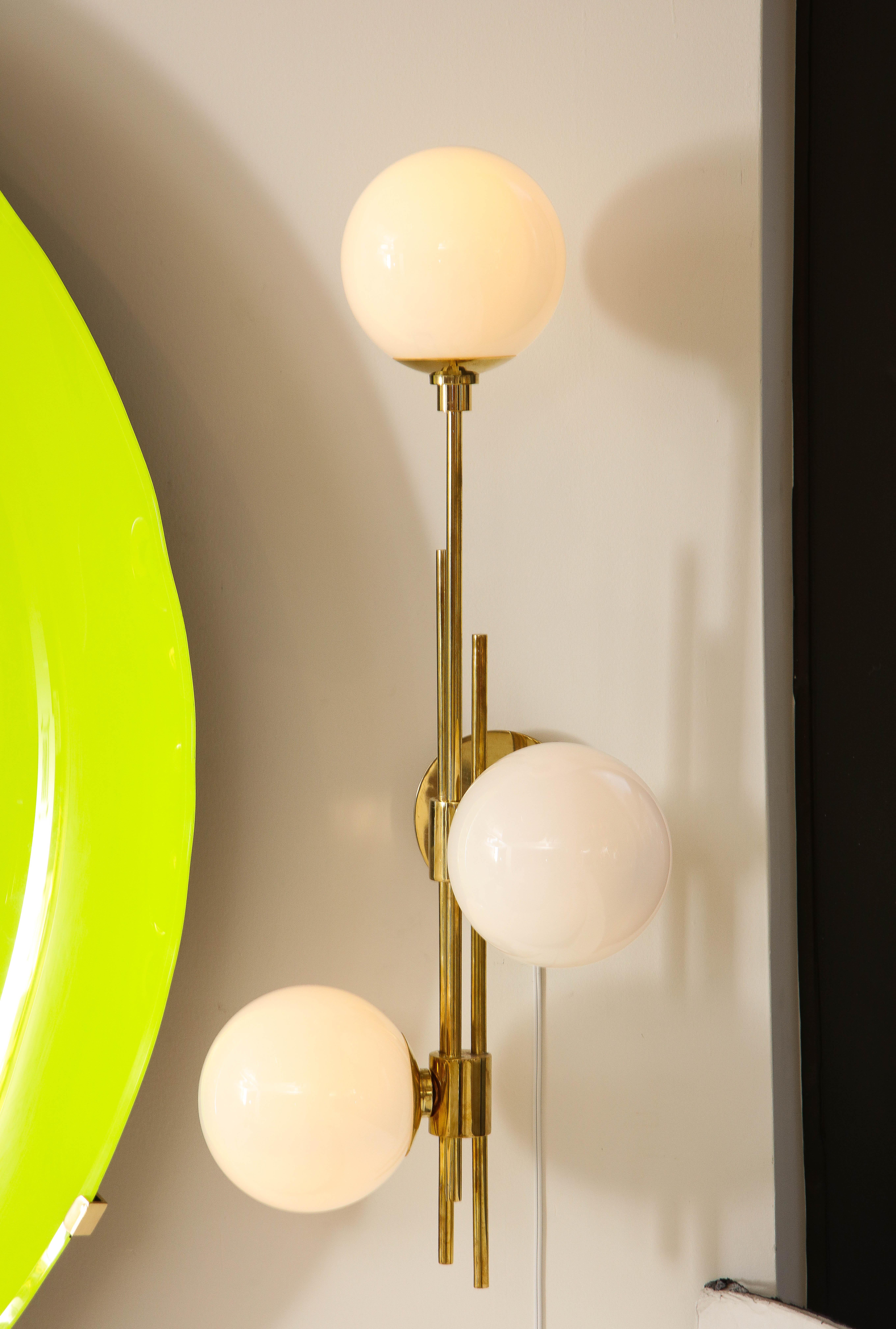 Tall Pair of Translucent White Murano Glass Globes and Brass Sconces, Italy 2022 For Sale 1