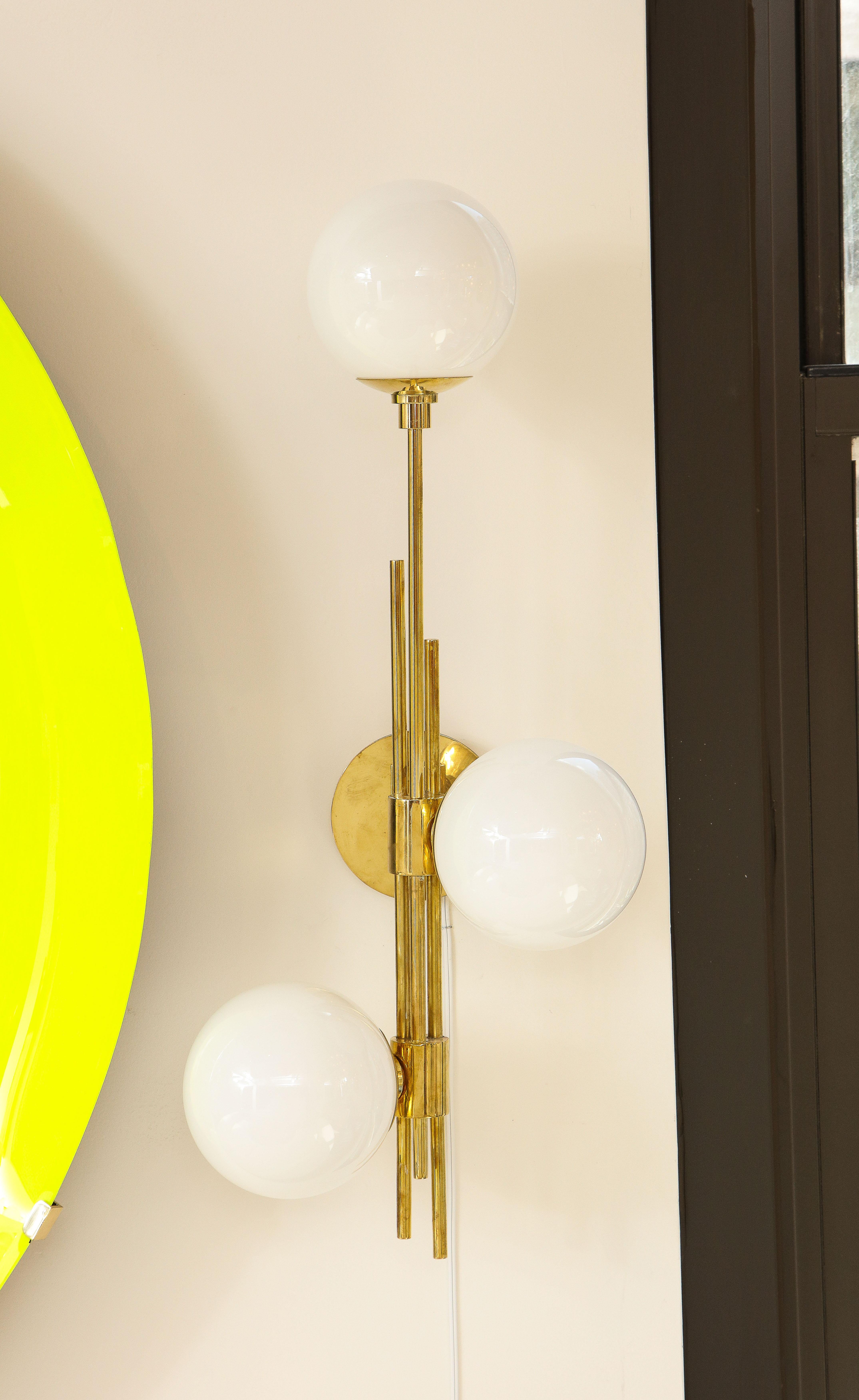 Tall Pair of Translucent White Murano Glass Globes and Brass Sconces, Italy 2022 For Sale 2