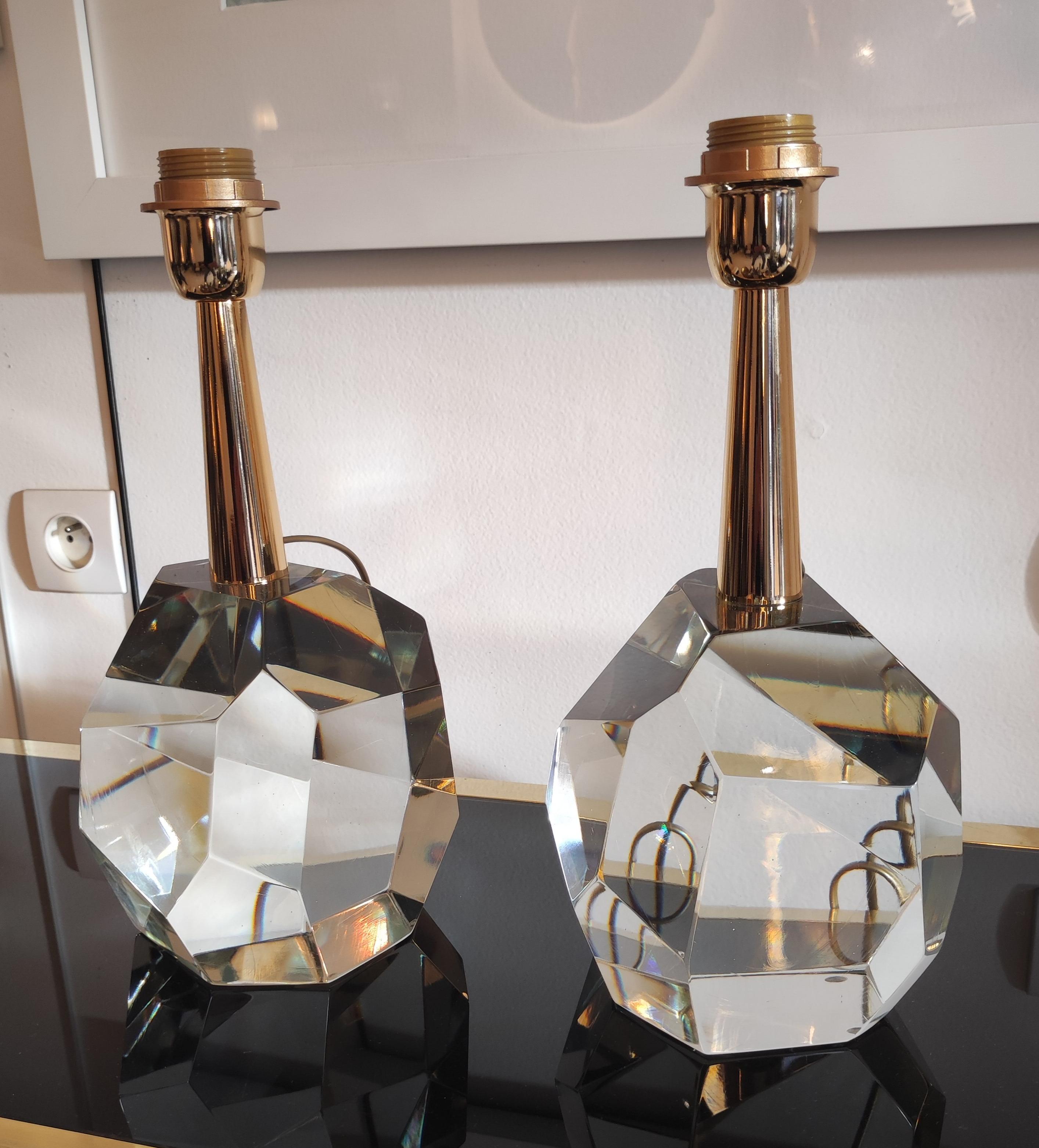 Pair of  translucid Crystal Faceted Table Lamp by Toso In Excellent Condition For Sale In Saint-Ouen, FR