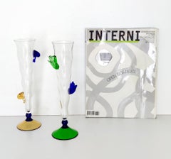 Pair of Transparent Murano Glass Flutes with Colored Details, Italy, 1980s