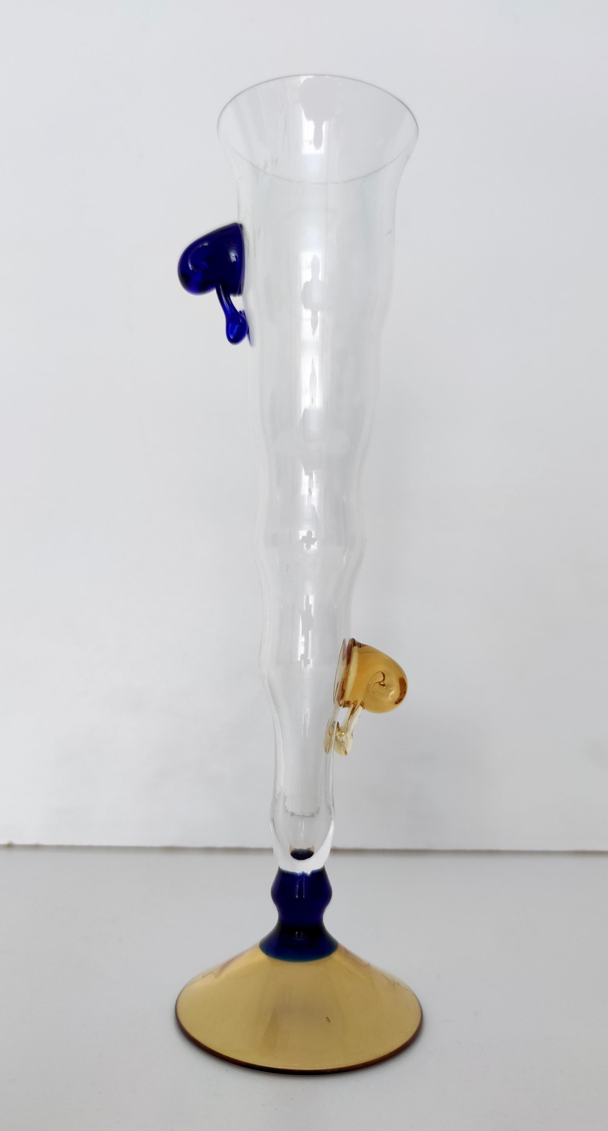 Pair of Transparent Murano Glass Flutes with Colored Details, Italy, 1980s For Sale 1