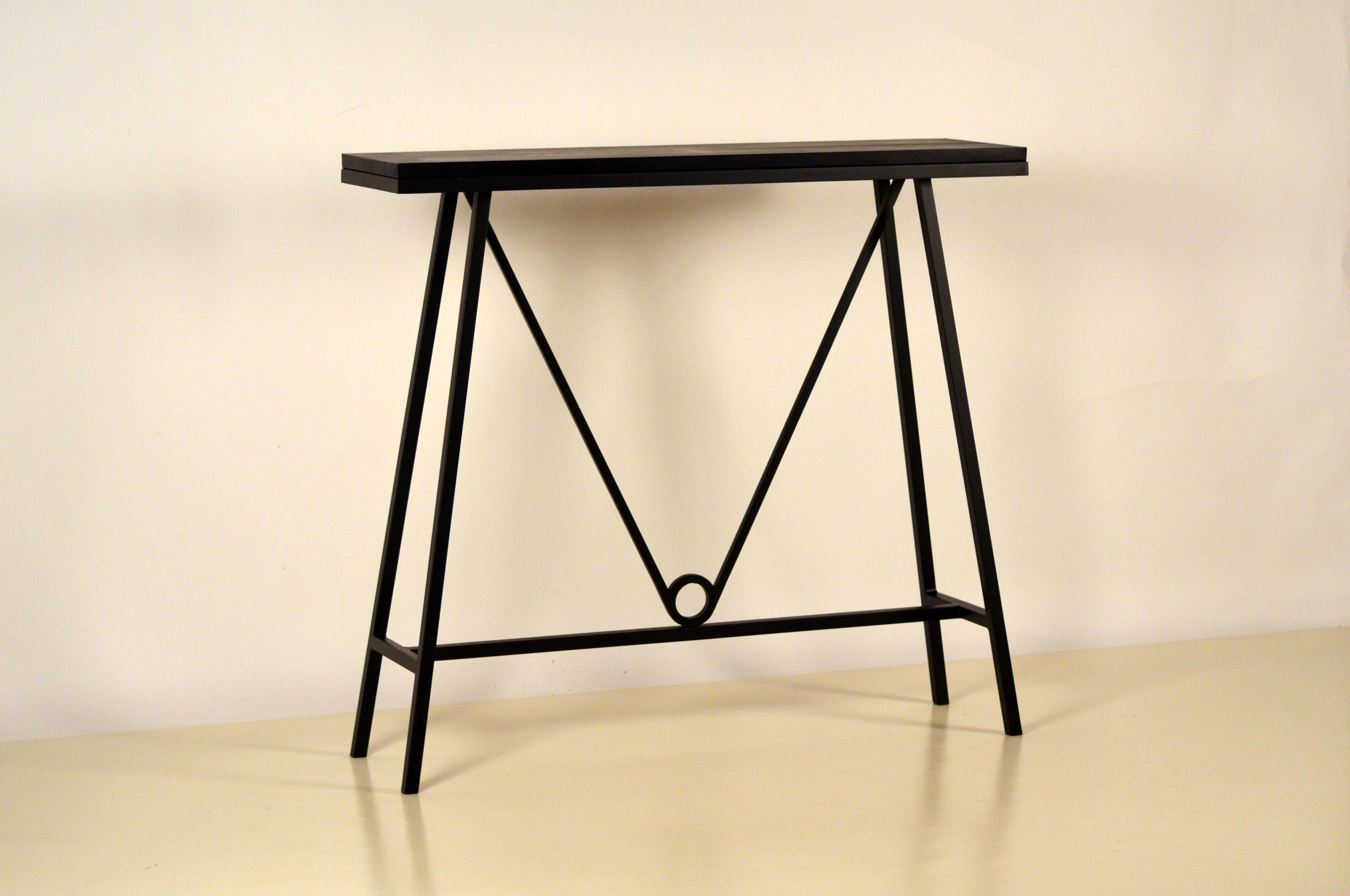 Modern Pair of 'Trapèze' Blackened Steel and Goatskin Consoles by Design Frères For Sale