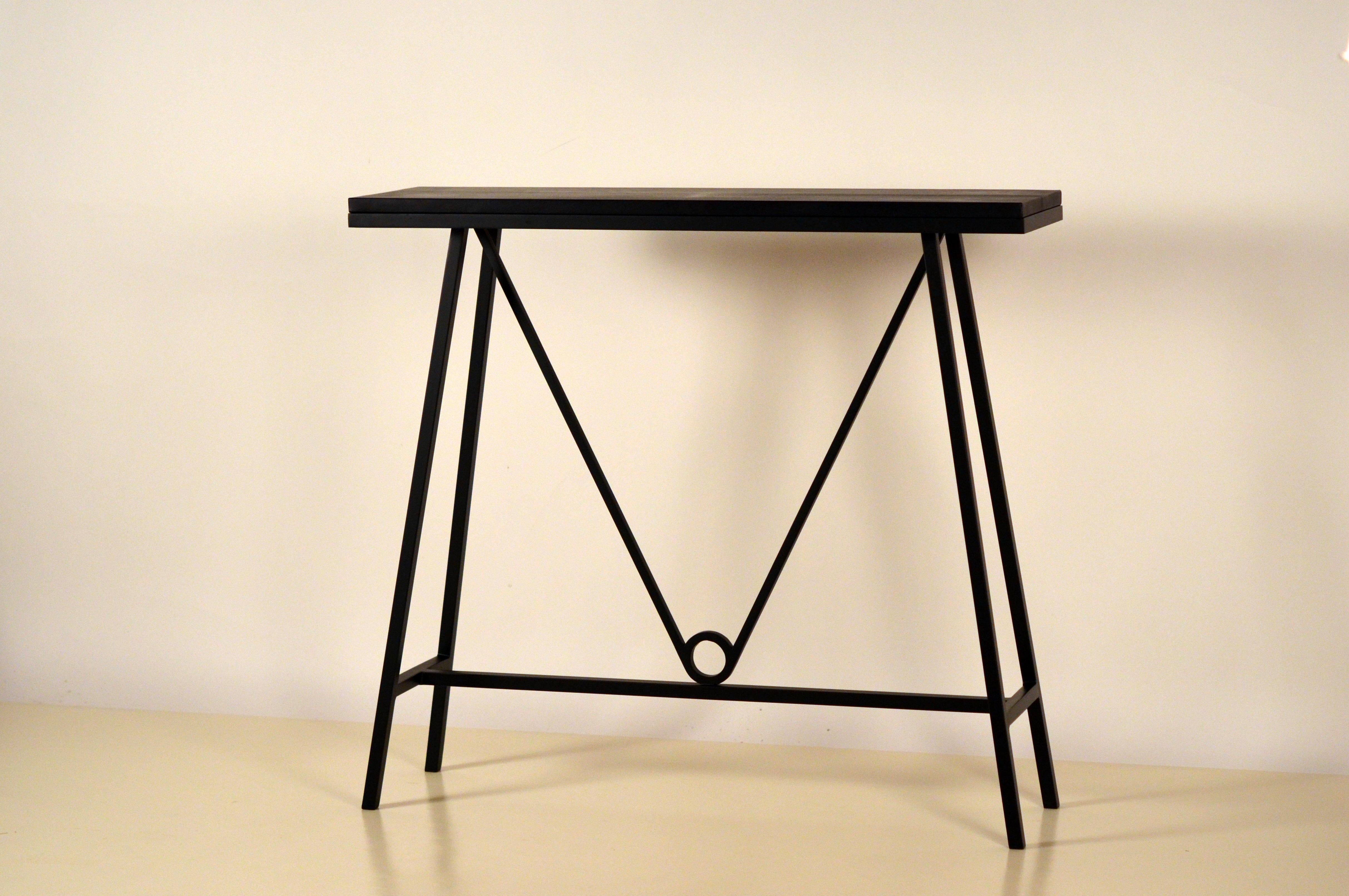 French Pair of 'Trapèze' Blackened Steel and Goatskin Consoles by Design Frères For Sale