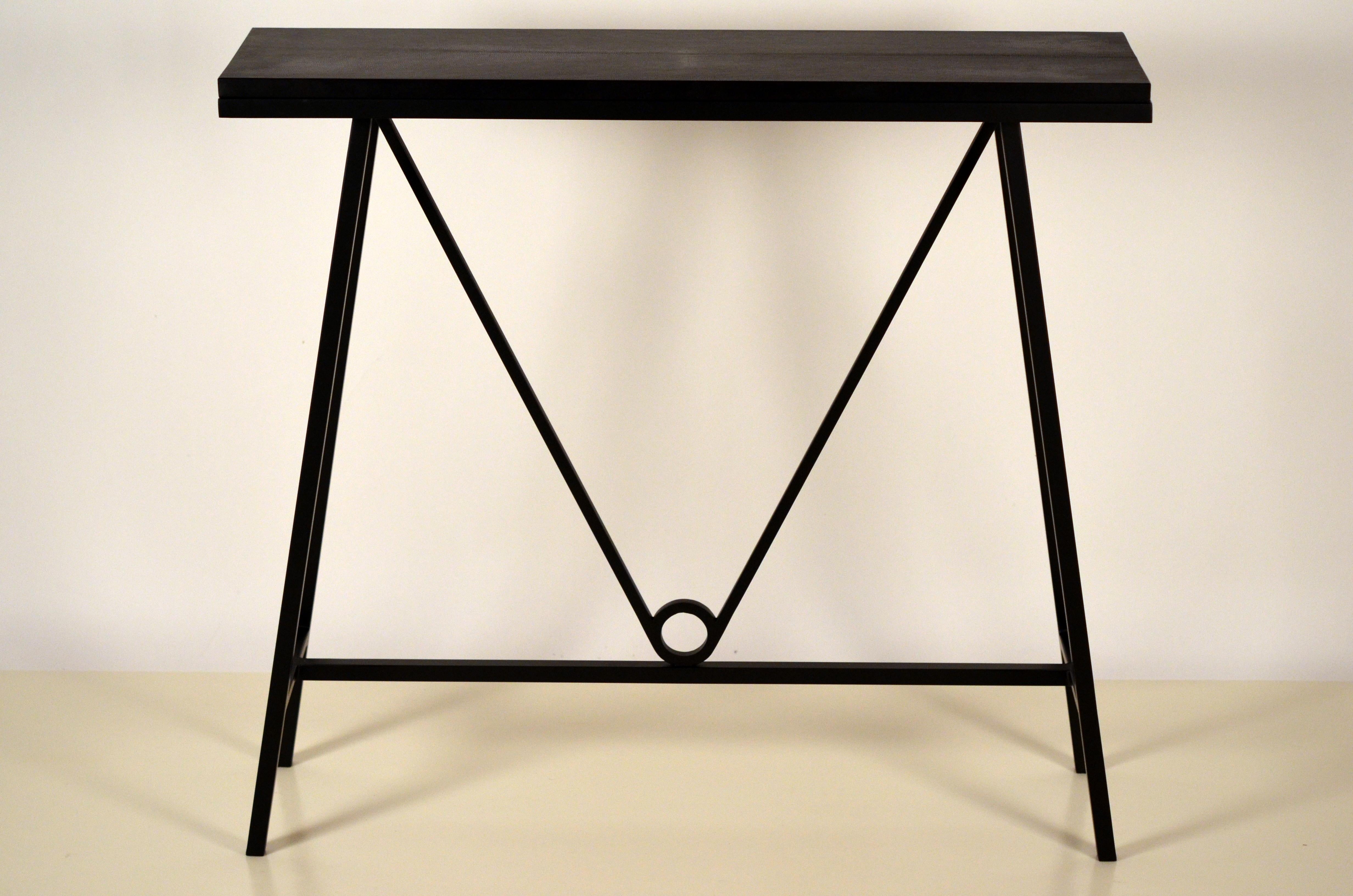 Appliqué Pair of 'Trapèze' Blackened Steel and Goatskin Consoles by Design Frères For Sale