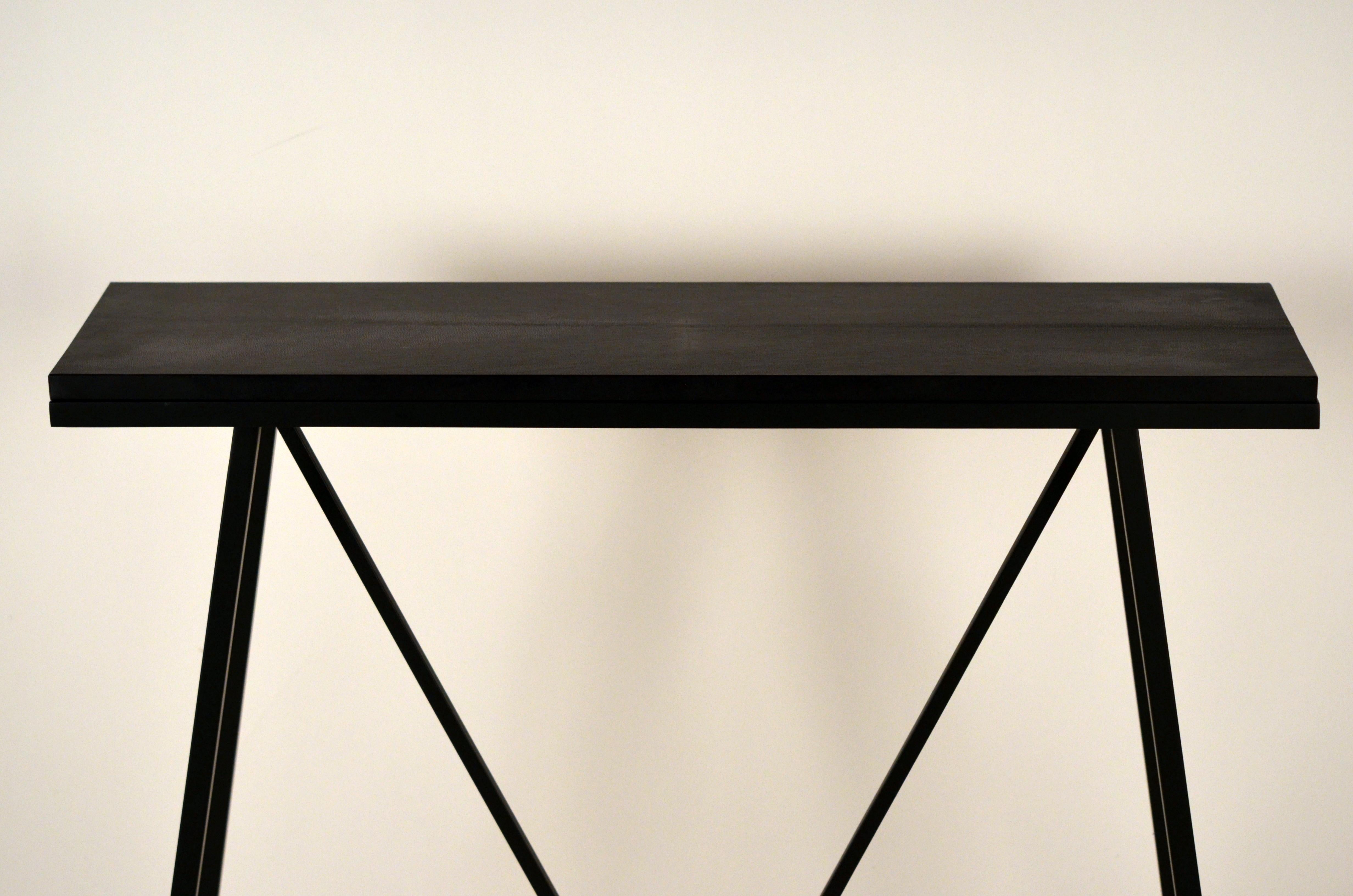 Pair of 'Trapèze' Blackened Steel and Goatskin Consoles by Design Frères In New Condition For Sale In Los Angeles, CA