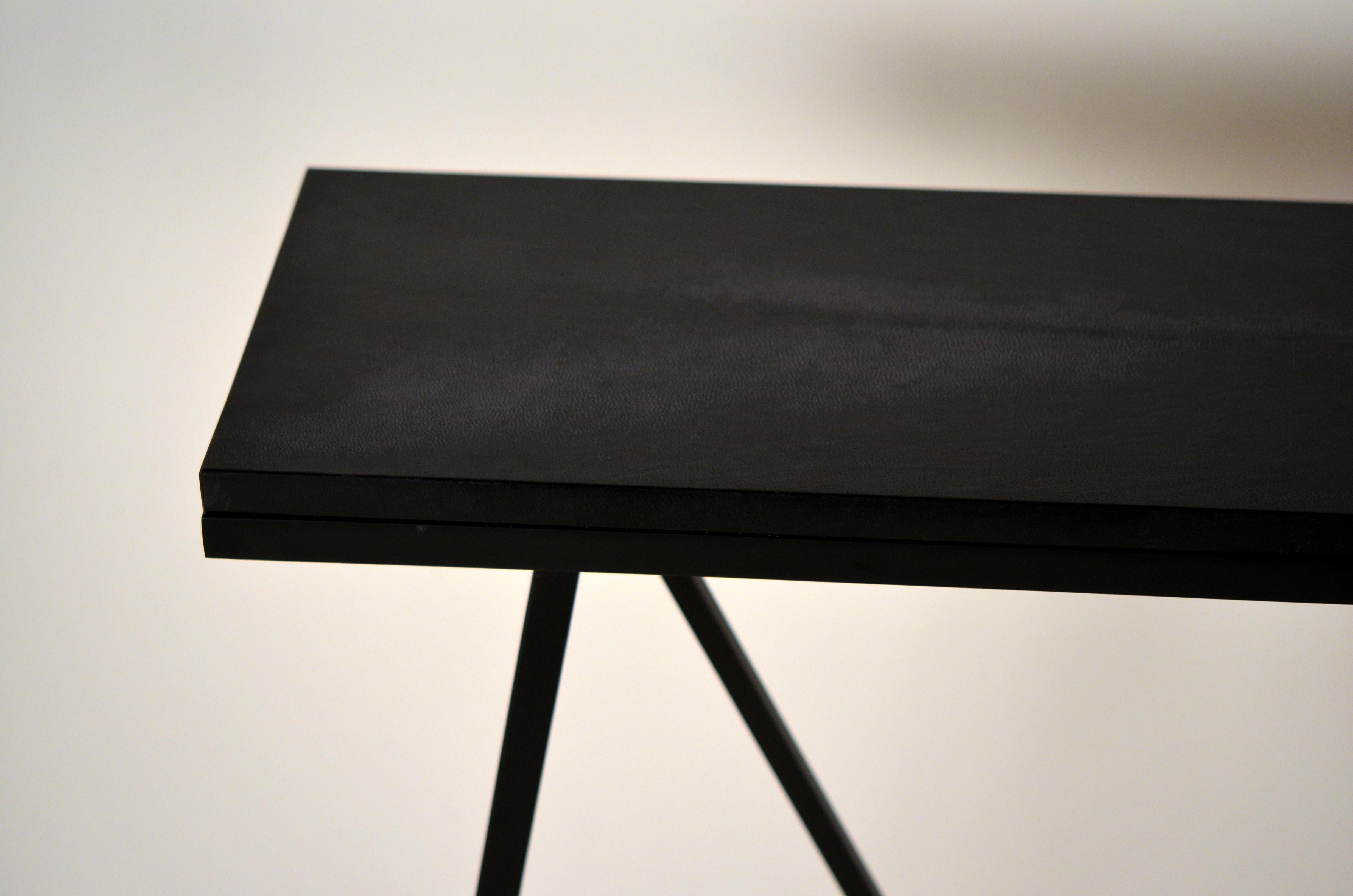 Contemporary Pair of 'Trapèze' Blackened Steel and Goatskin Consoles by Design Frères For Sale