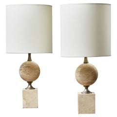 Pair of Travertin and Steel Maison Barbier Table Lamps
