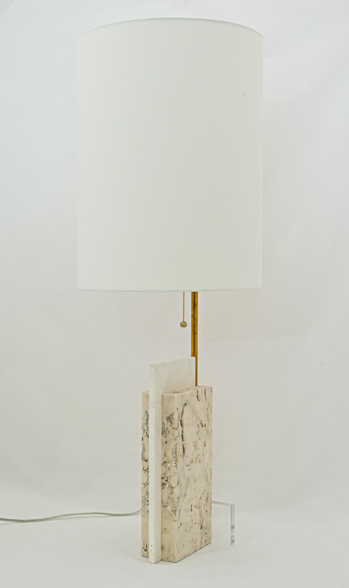 Mid-Century Modern Pair of Travertine and Acrylic Modern Craftsman Style Table Lamps For Sale