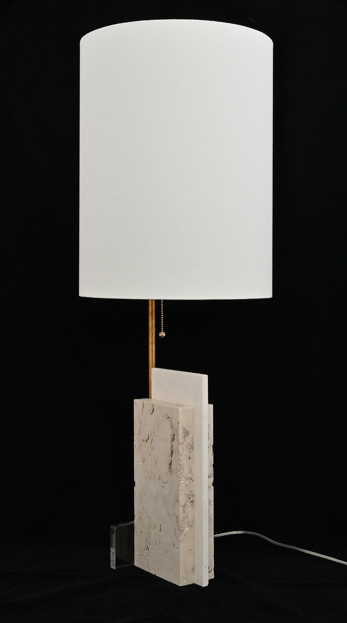 American Pair of Travertine and Acrylic Modern Craftsman Style Table Lamps For Sale