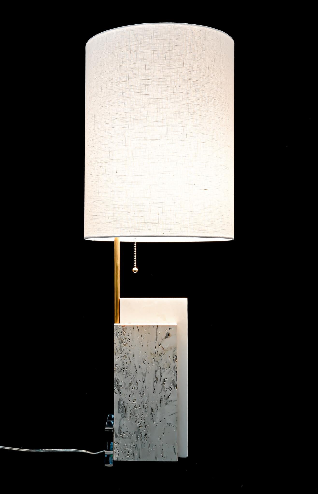 Contemporary Pair of Travertine and Acrylic Modern Craftsman Style Table Lamps For Sale