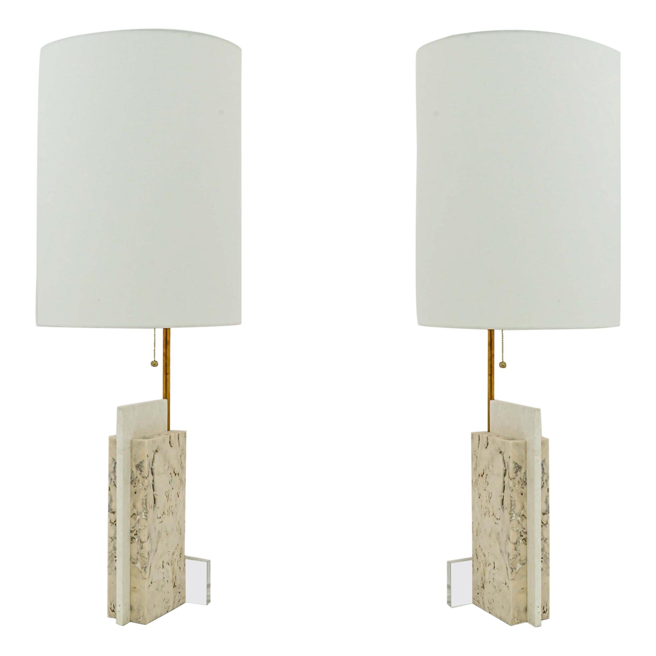 Pair of Travertine and Acrylic Modern Craftsman Style Table Lamps For Sale