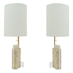 Pair of Travertine and Acrylic Modern Craftsman Style Table Lamps