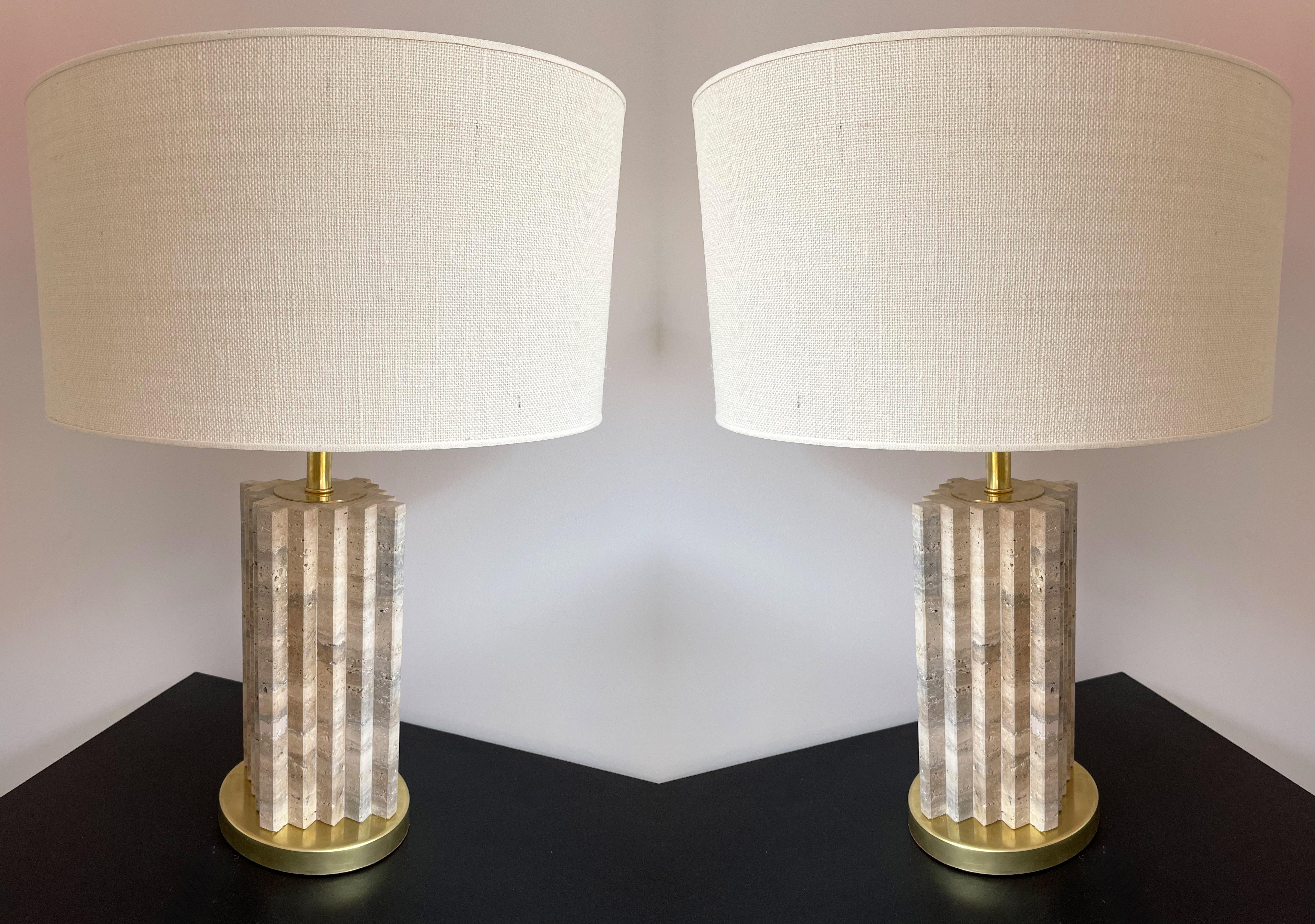 Pair of Travertine and Brass Lamps For Sale 4
