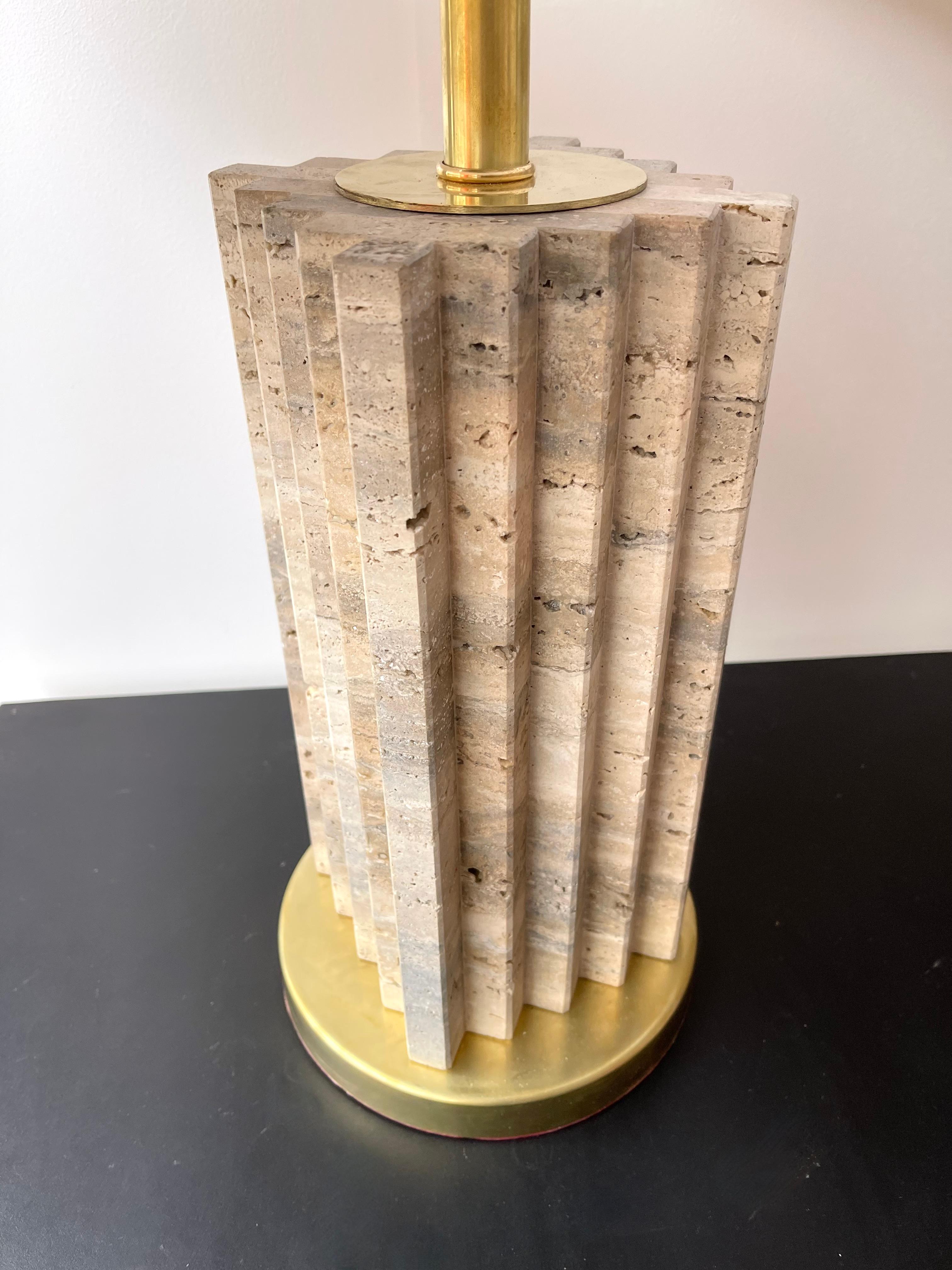 Contemporary Pair of Travertine and Brass Lamps For Sale