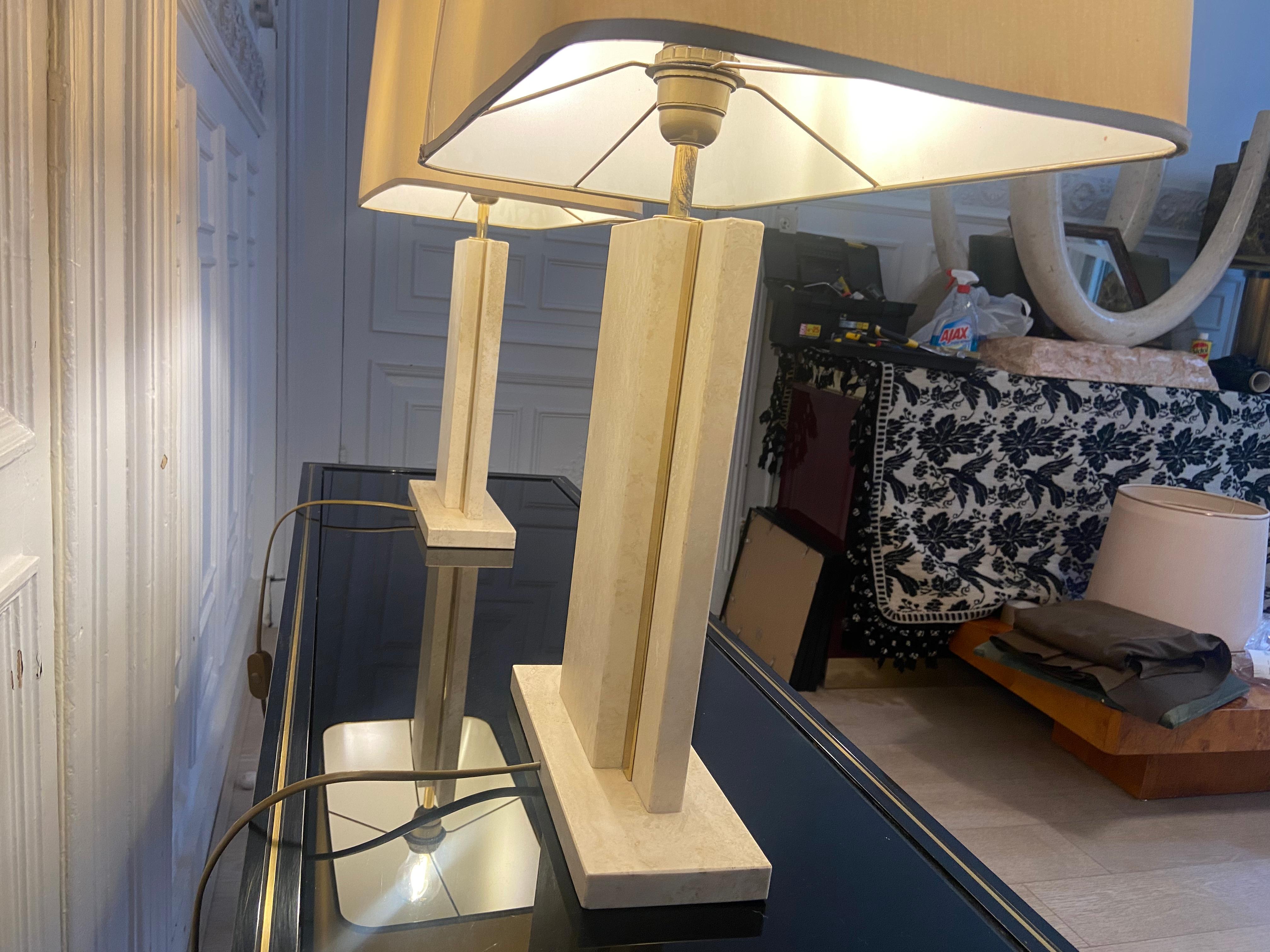 20th Century  Pair of travertine and brass lamps For Sale
