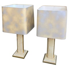 Pair of Travertine and Brass Lamps with Square Shades – Italy, circa 1970