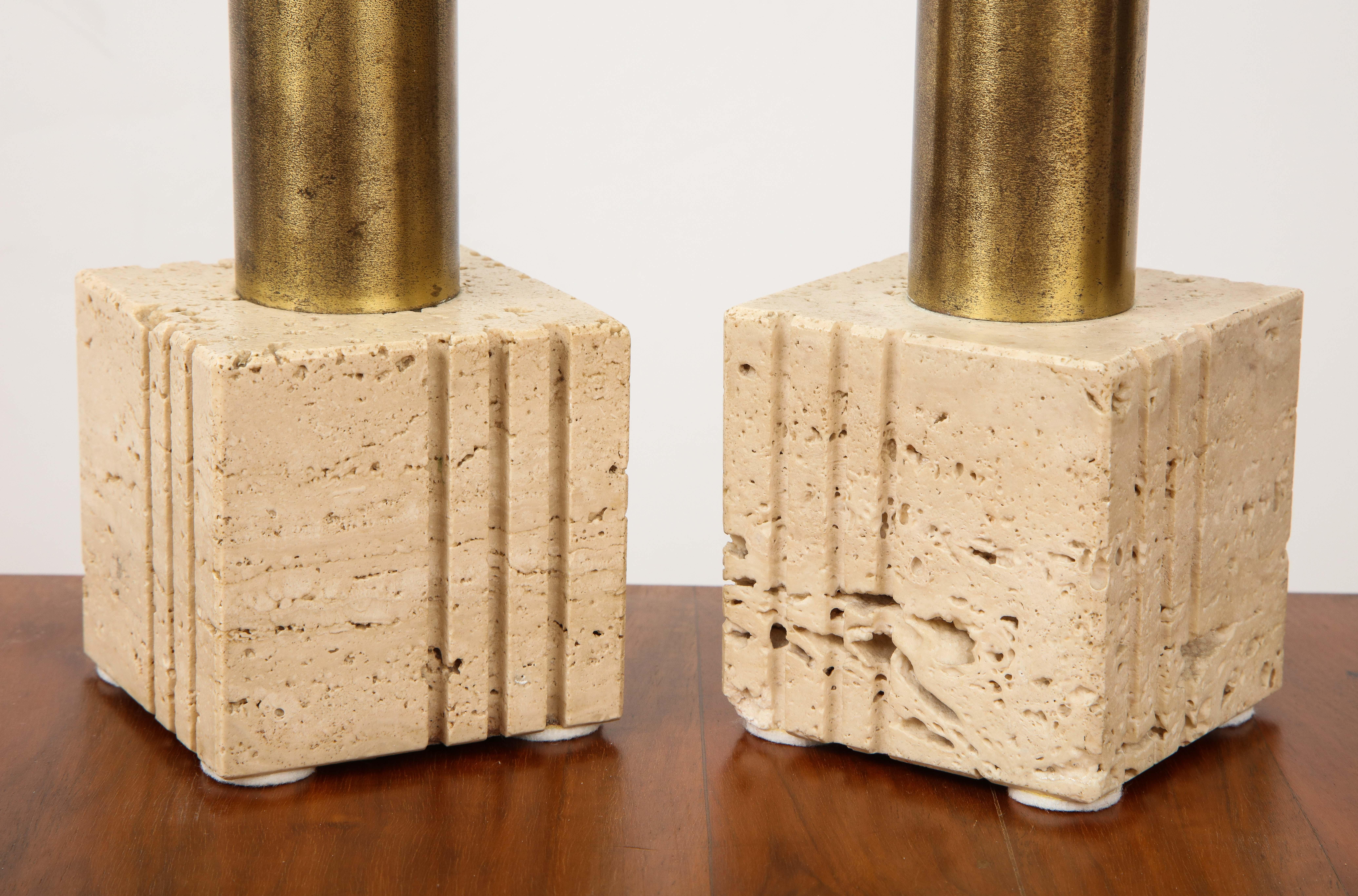 Pair of Travertine and Brass Table Lamps by Fratelli Mannelli, Italian, 1970s 5