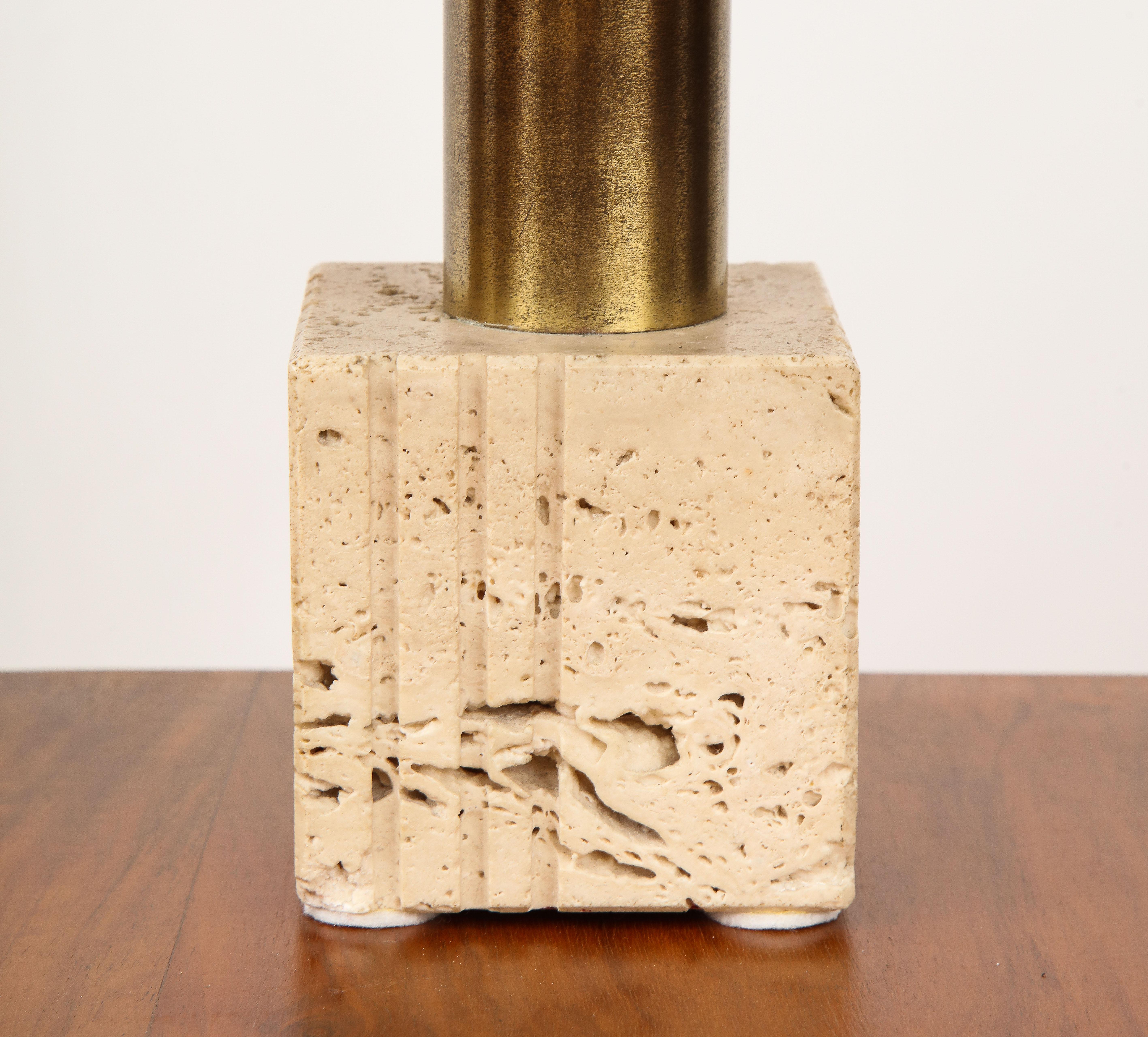 Mid-Century Modern Pair of Travertine and Brass Table Lamps by Fratelli Mannelli, Italian, 1970s